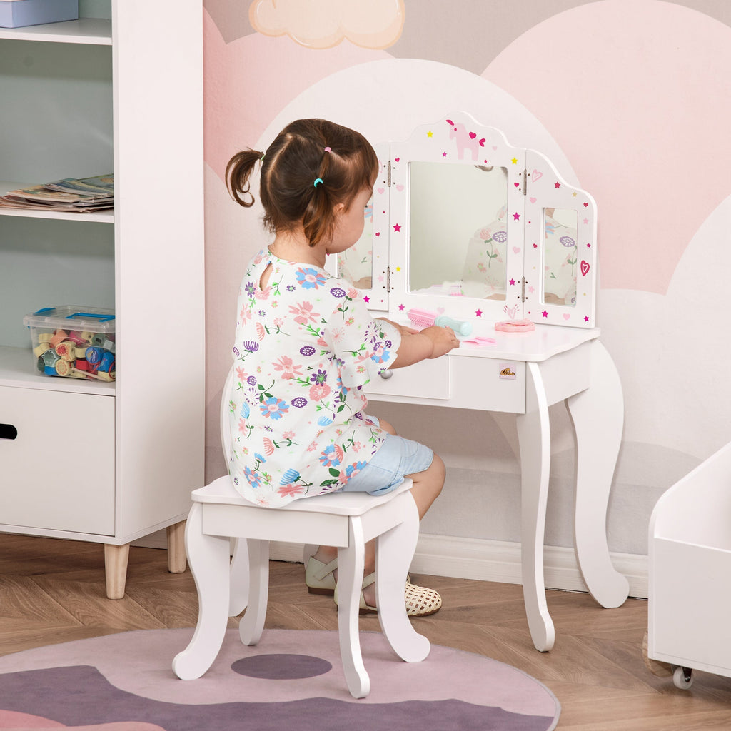 Vanity Table for children with wooden stool, makeup table with triple mirror and drawer, 63x40x85.5cm - Borgè