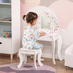 Vanity Table for children with wooden stool, makeup table with triple mirror and drawer, 63x40x85.5cm - Borgè
