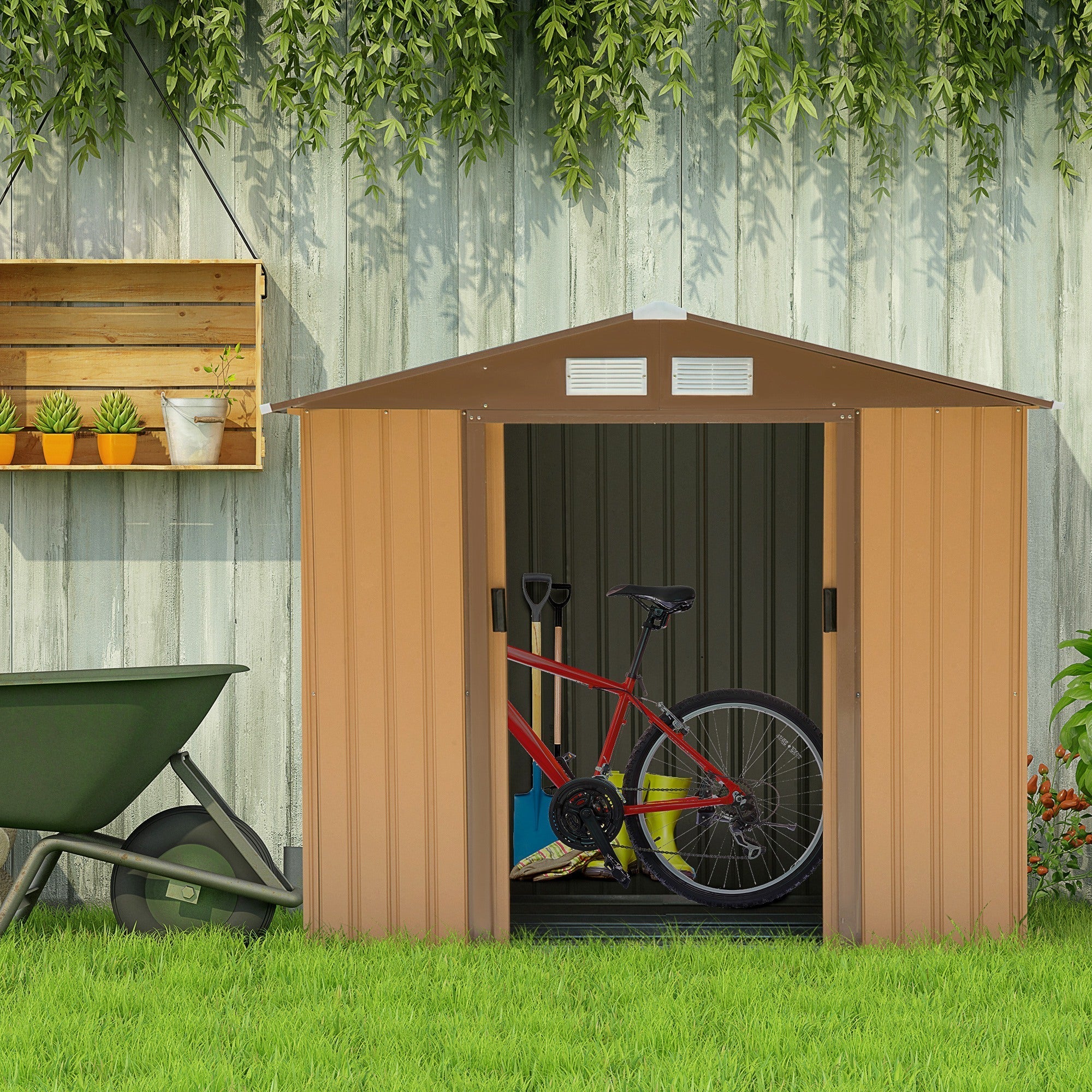 Garden Shed Tool Shed in Sheet Metal with Sliding Doors, 213x130x185cm, Yellow - Borge' Group Limited