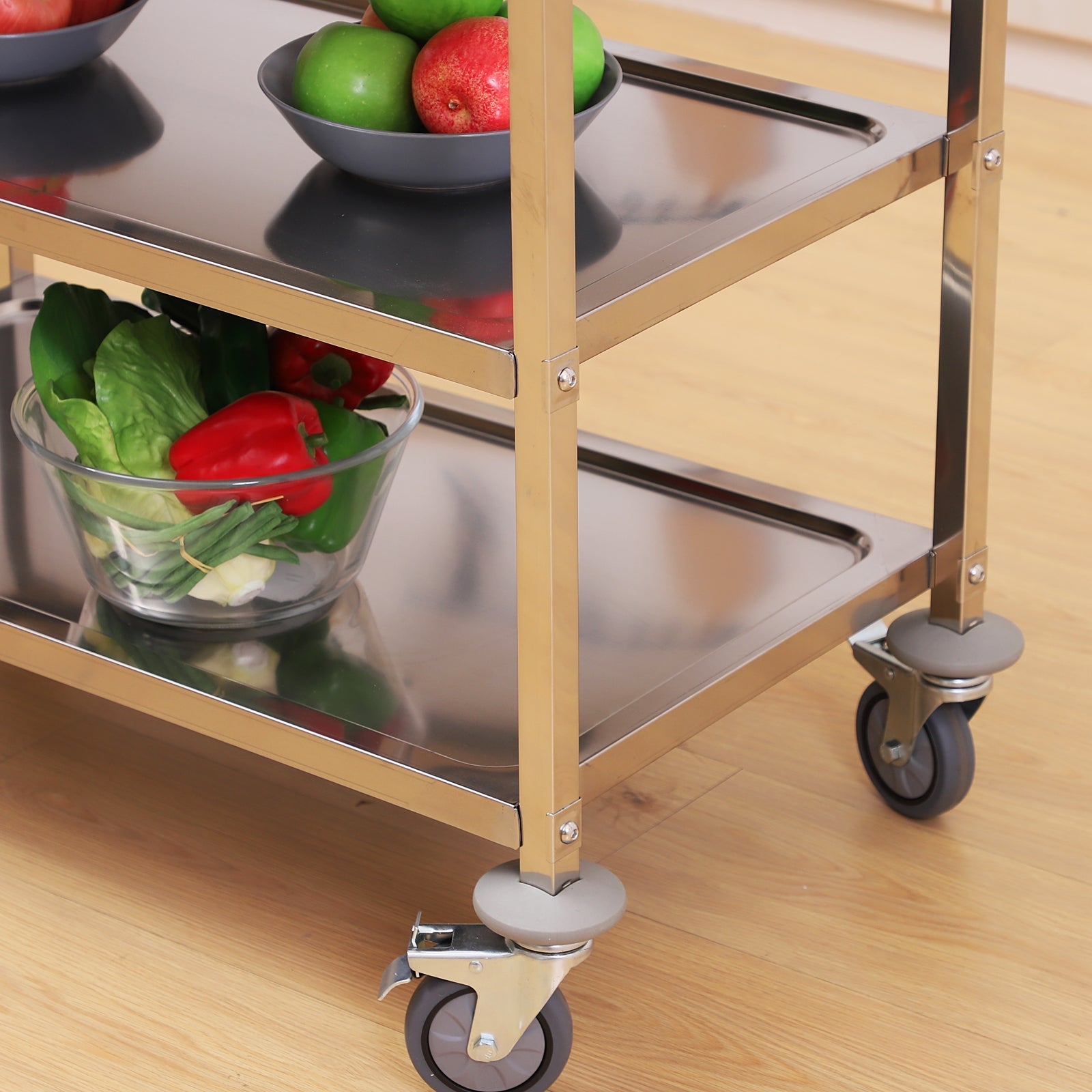 Homcom Kitchen Trolley 3 Open shelves 4 Omnidirectional wheels with 2 brakes anti-collision pads in stainless steel 430 silver 85x45x90cm - Borgè