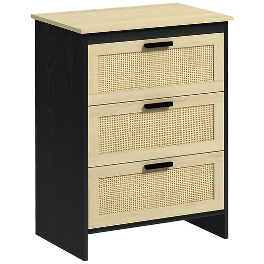 BOHO STYLE | Black and Wooden Chest of drawers with 3 drawers in rattan Style for living room and bedroom | 60x40x80 cm