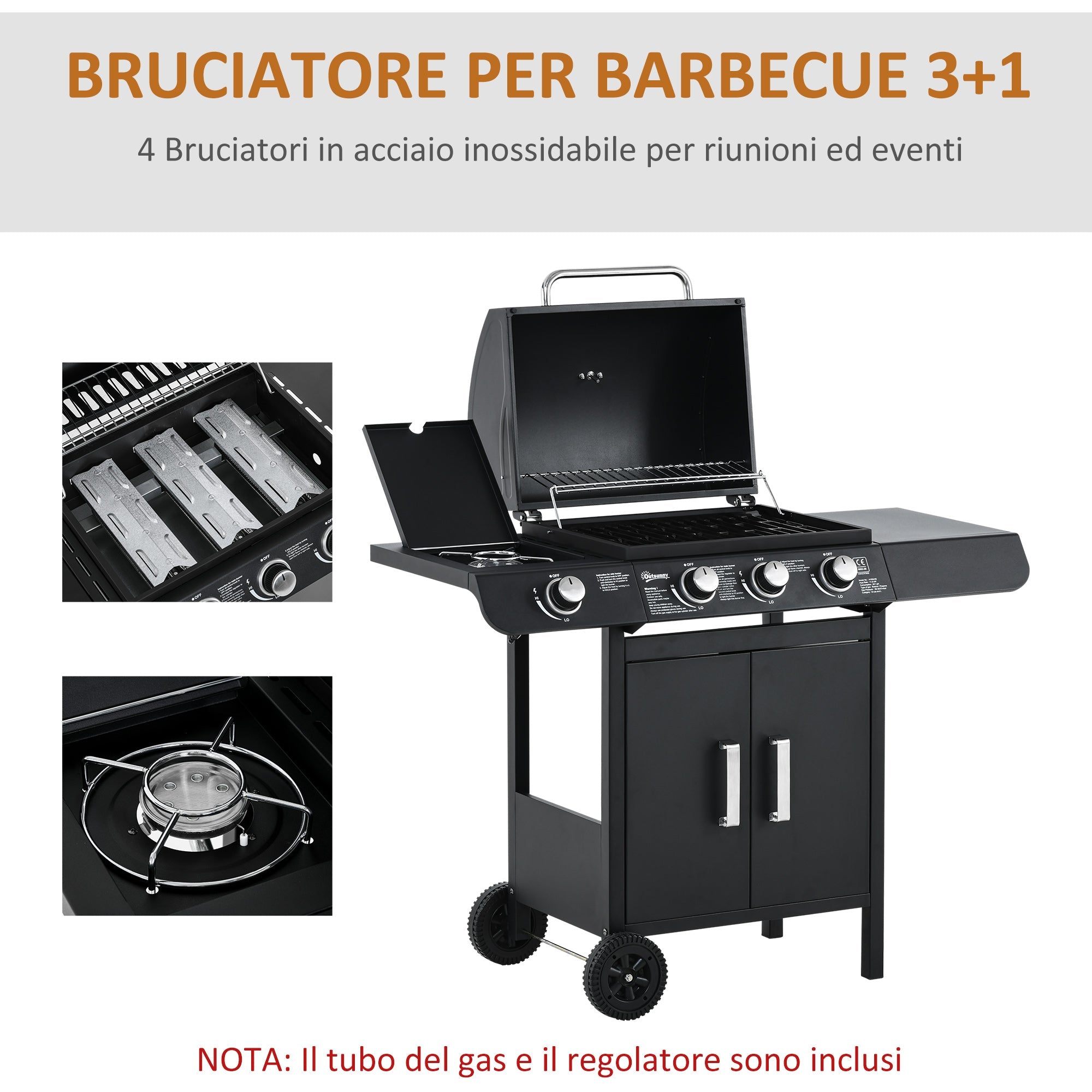 Black Gas Barbecue with 11.6kw Burners, Stove and Shelves - Borge' Group Limited