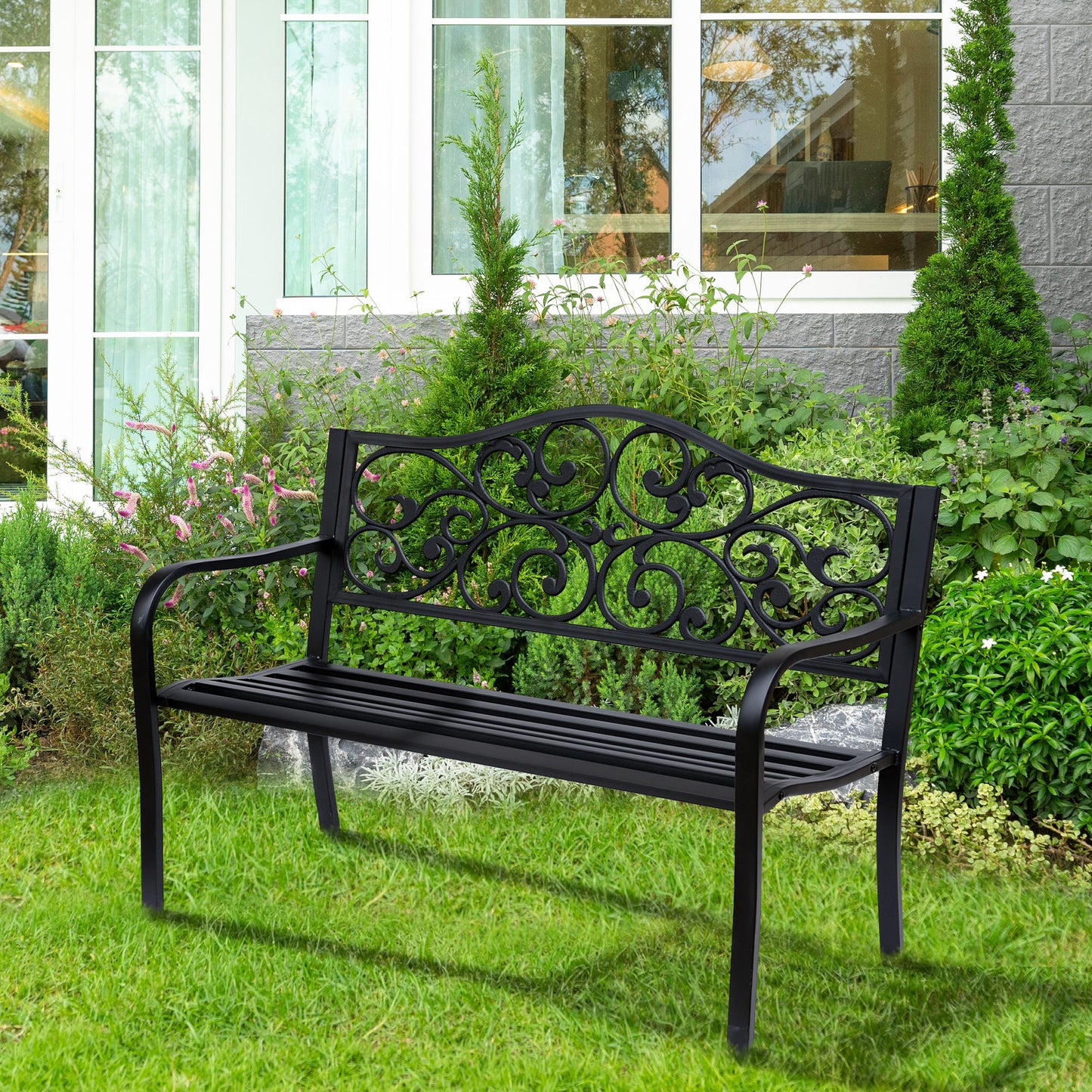 Outsunny Garden bench 2 seats with ice cast iron and metal backrest, 127x60x89cm, black - Borgè