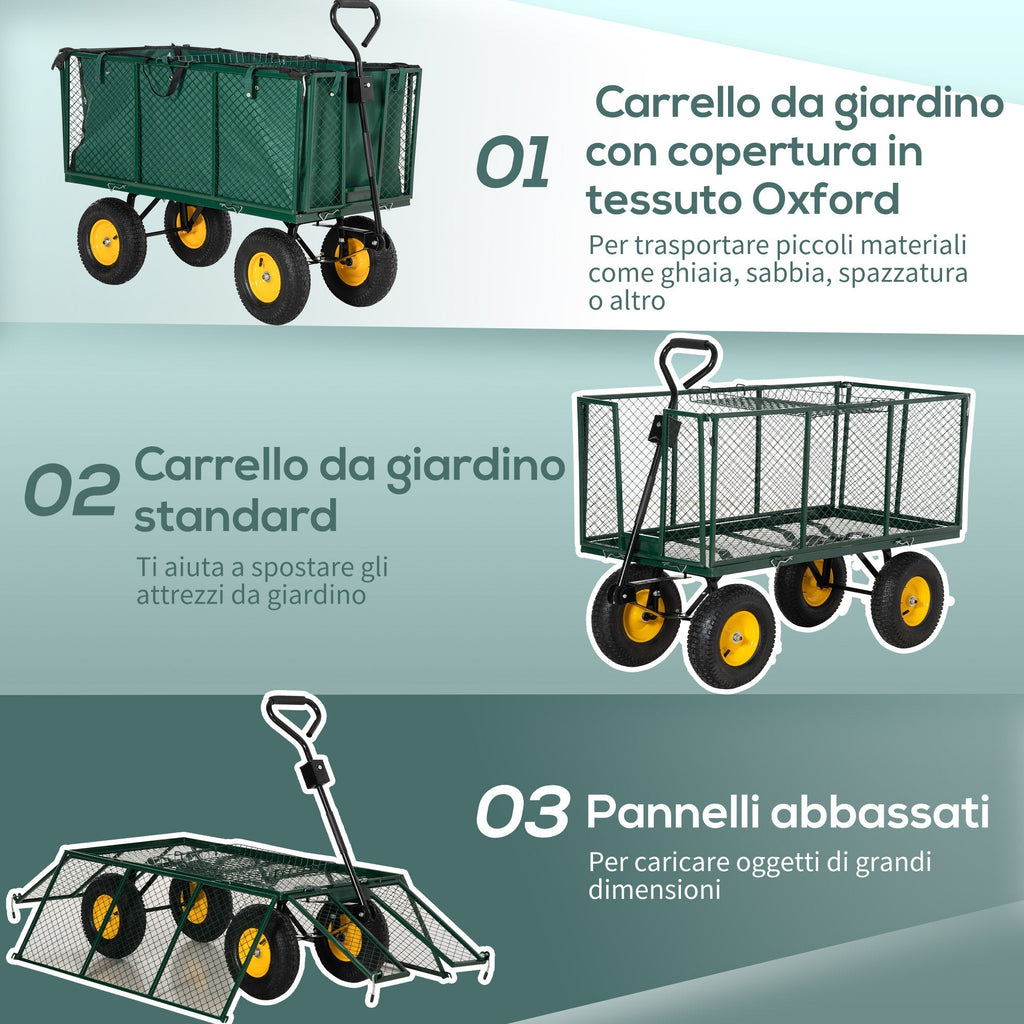 Steel Garden Cart with Folding Side Walls and 4 Wheels, Capacity 342L, Green - Borge' Group Limited