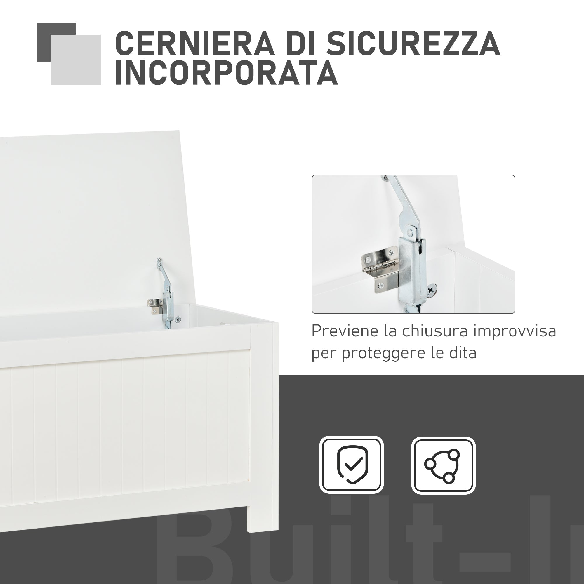 Bench Multipurpose Wooden Wooden Container MDF Opening with Safety Block, 81x40x46cm, White - Borgè