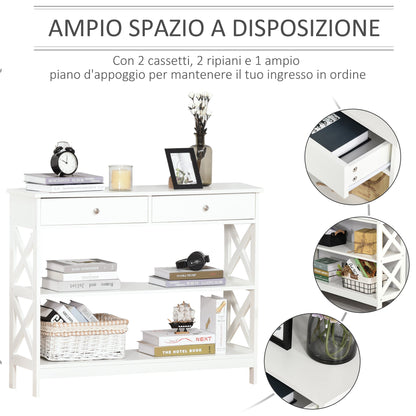 table console with 2 drawers and 2 shelves, entrance hall and living room in mdf, 100x30.5x80cm, white - Borgè