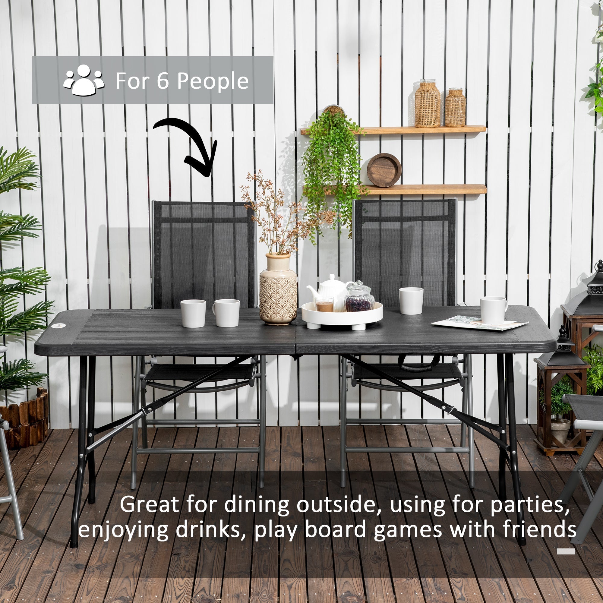 Folding Garden Table for 6 People in Steel and HDPE, 180x75.5x73cm, Dark Grey - Borge' Group Limited
