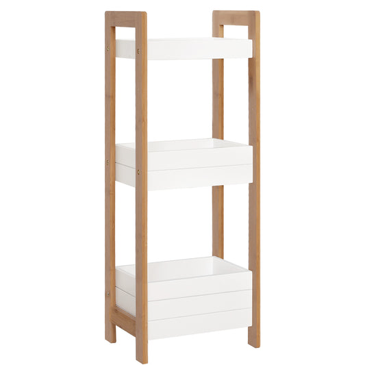 Bathroom Cabinet Multipurpose 3-Tier Compact Shelf in MDF Wood and Bamboo, White, 27.5x20.8x74cm