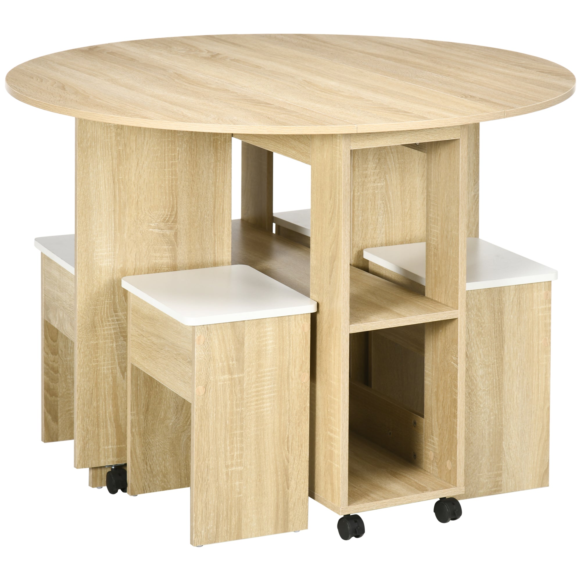 Homcom set table and chairs 5 pieces in chipboard, round table with 2 open shelves and 4 modern stools - Borgè
