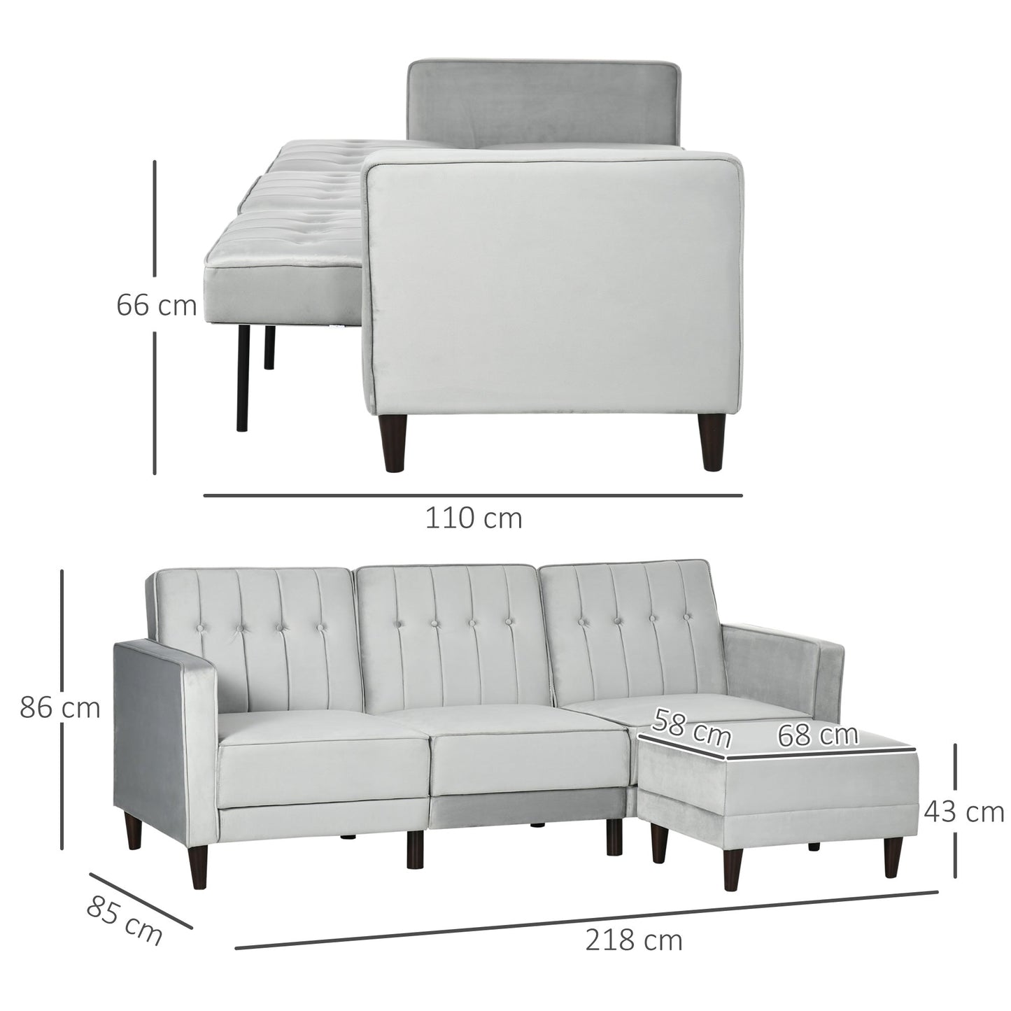 sofa bed 3 seats with footrest and reclining back, velvet coating and padded seat, 218x85x86 cm, light Grey - Borgè