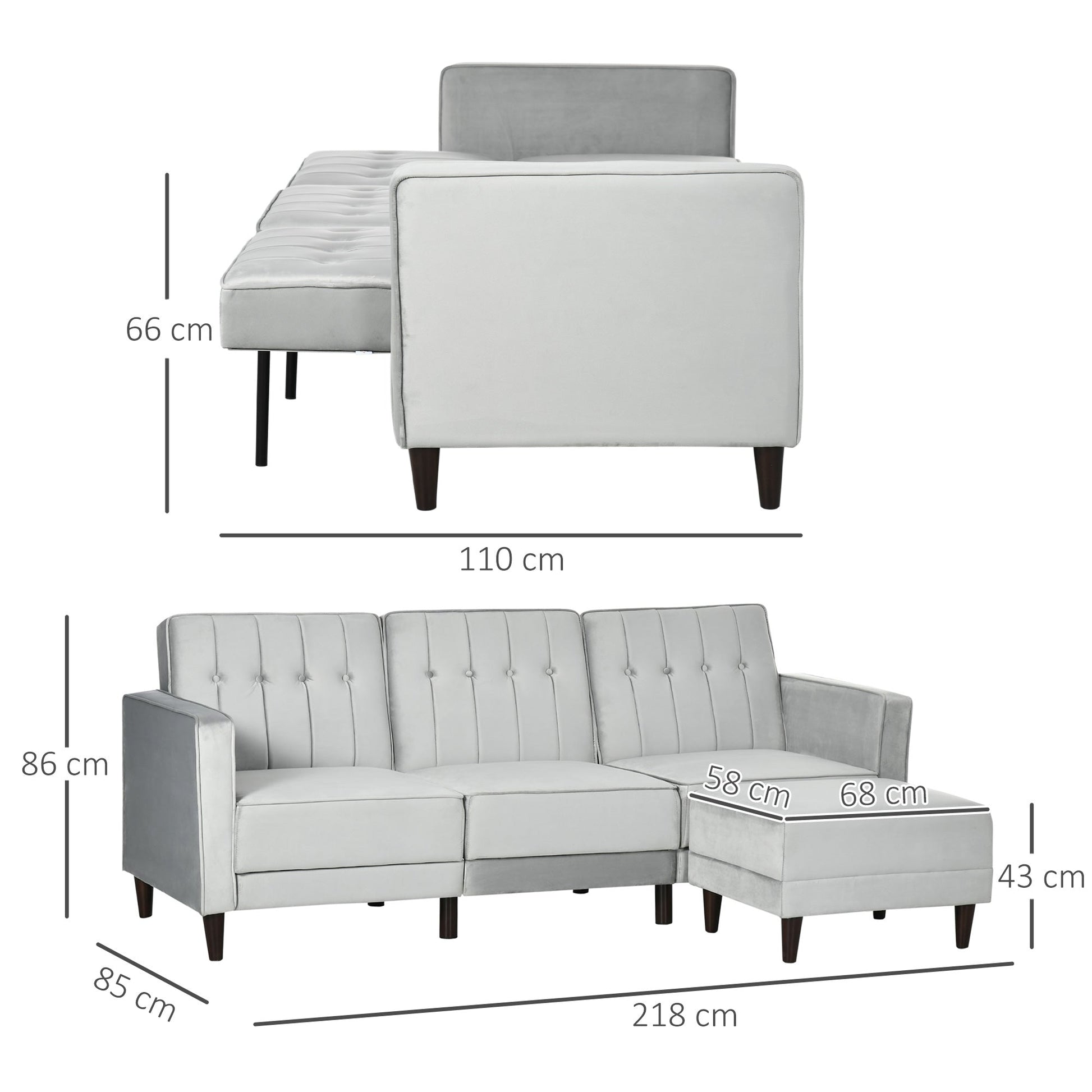 sofa bed 3 seats with footrest and reclining back, velvet coating and padded seat, 218x85x86 cm, light Grey - Borgè