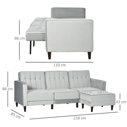 sofa bed 3 seats with footrest and reclining back, velvet coating and padded seat, 218x85x86 cm, light Grey - Borgè