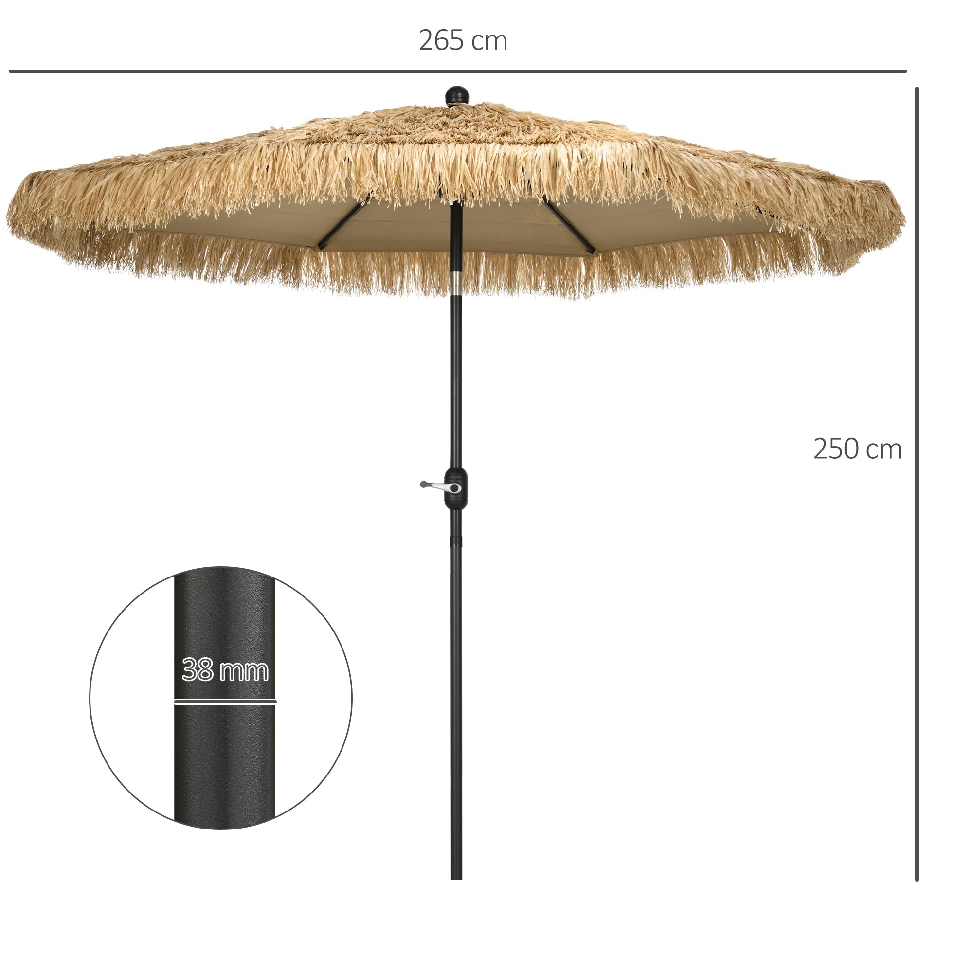 Round Garden Umbrella with Straw Cover and Crank, Ø265x250cm, Khaki - Borge' Group Limited