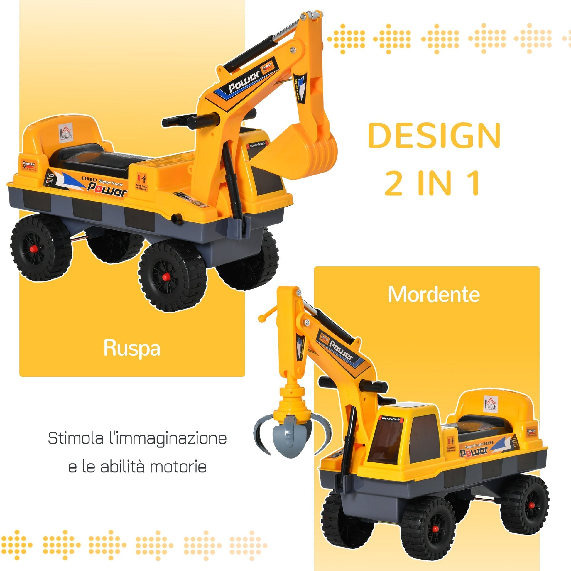 Ruspa toy 2 in 1 with excavator and bordering, hidden compartment, game rideable children 2-3 years, 90x28x58cm, yellow - Borgè