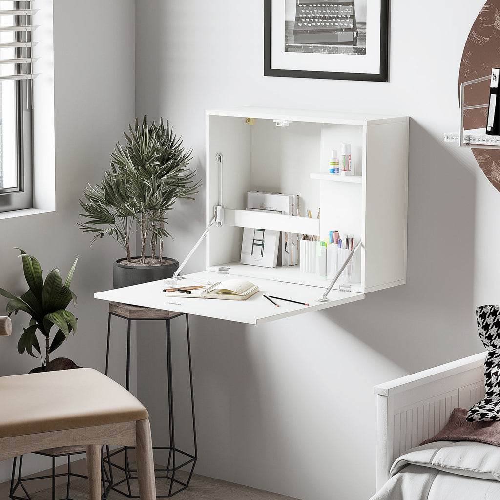 Folding Wall Desk and Space -Space With Shelves, for home and Office, in Truciolato and MDF, 60x21.5x50 cm, white - Borgè