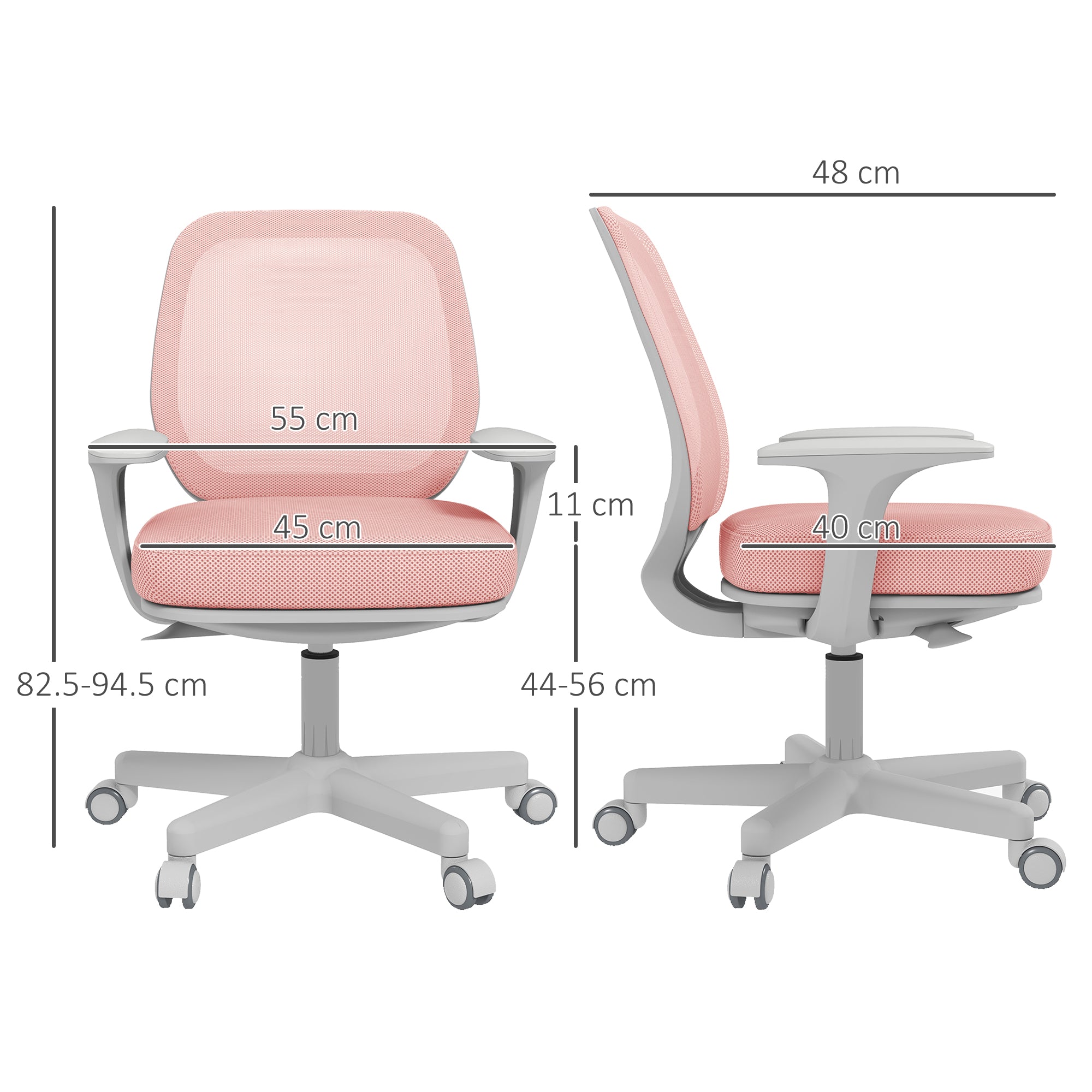 Ergonomic office chair and reclining at adjustable height with 5 wheels, 55x48x82.5-94.5 cm, pink - Borgè