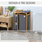 Clothes Laundry Basket with 3 removable compartments in Fabric and Bamboo, 50x32x69.7cm - Borgè