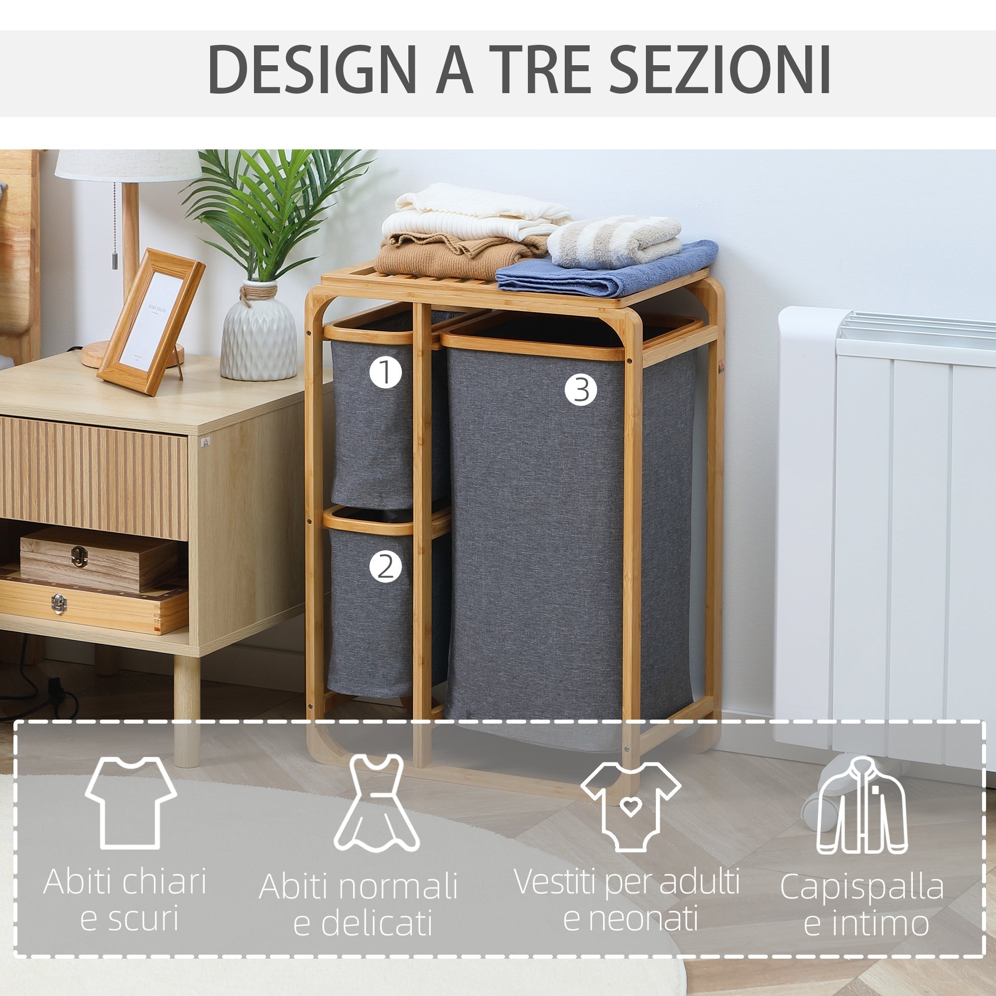 Clothes Laundry Basket with 3 removable compartments in Fabric and Bamboo, 50x32x69.7cm - Borgè