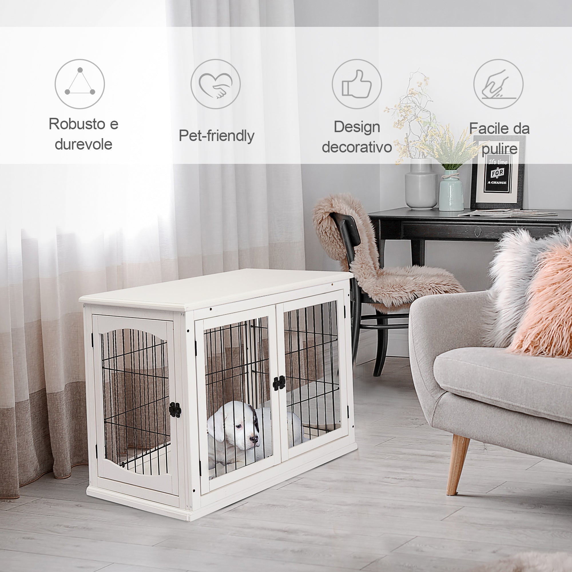 Indoor Dog House for Up to 30kg in Wood and Steel, 58.5x81x 66cm - White - Borge' Group Limited