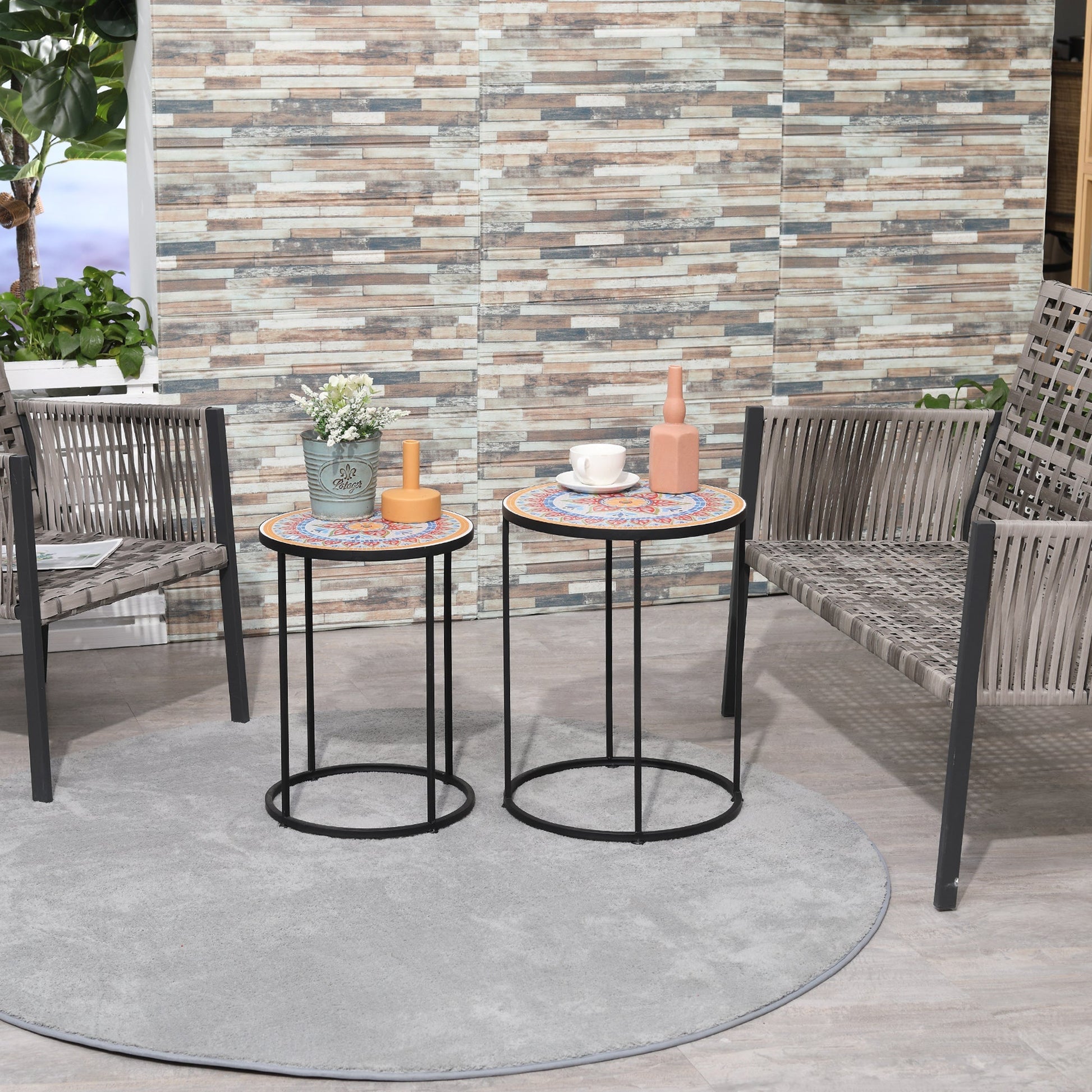 Outsunny garden set 2 metal and ceramic garden tables with mosaic top, ф41x53cm and ф36x49.5cm - Borgè