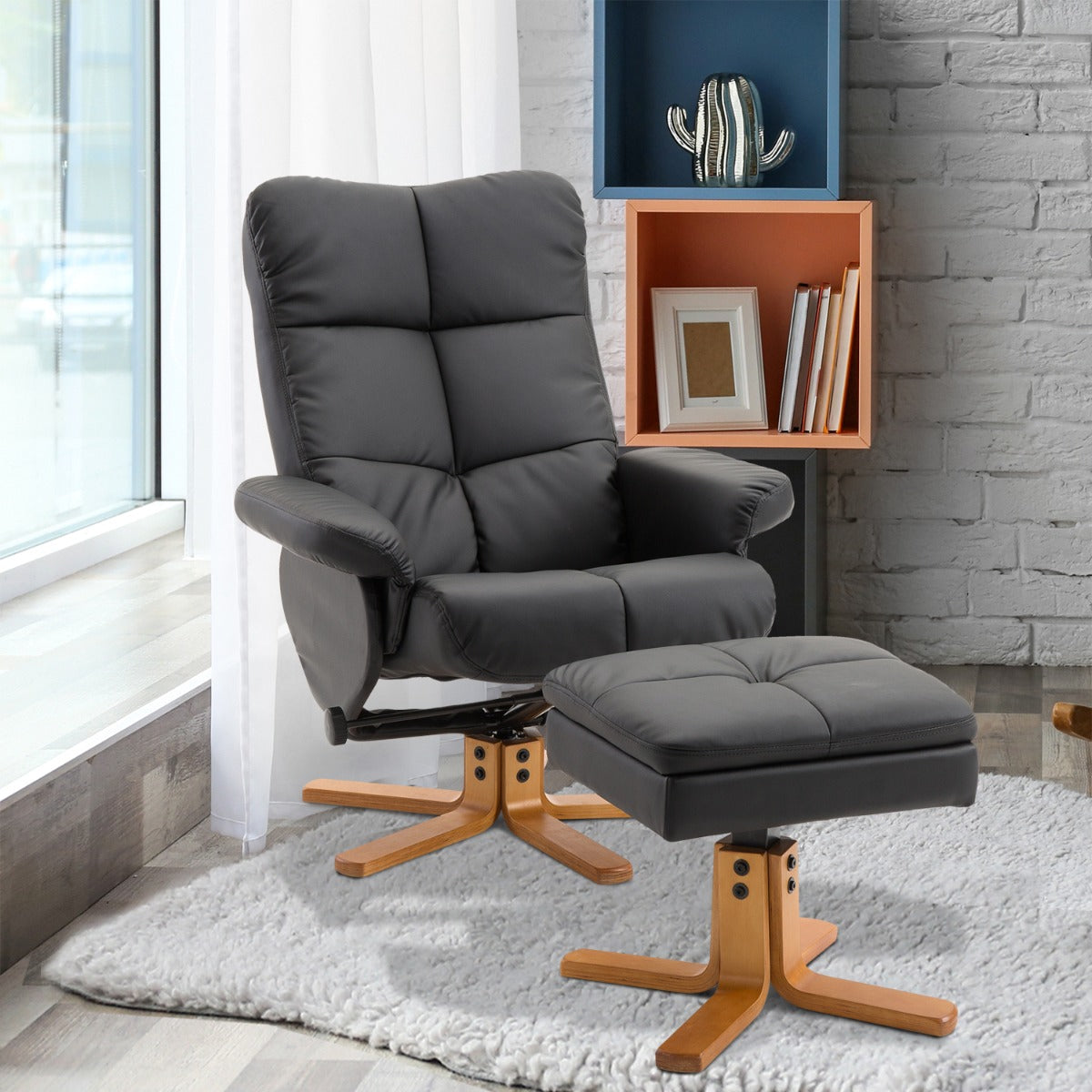 Padded Relax Armchair With Poglipiesi, Black, 80x99x86cm - Borgè