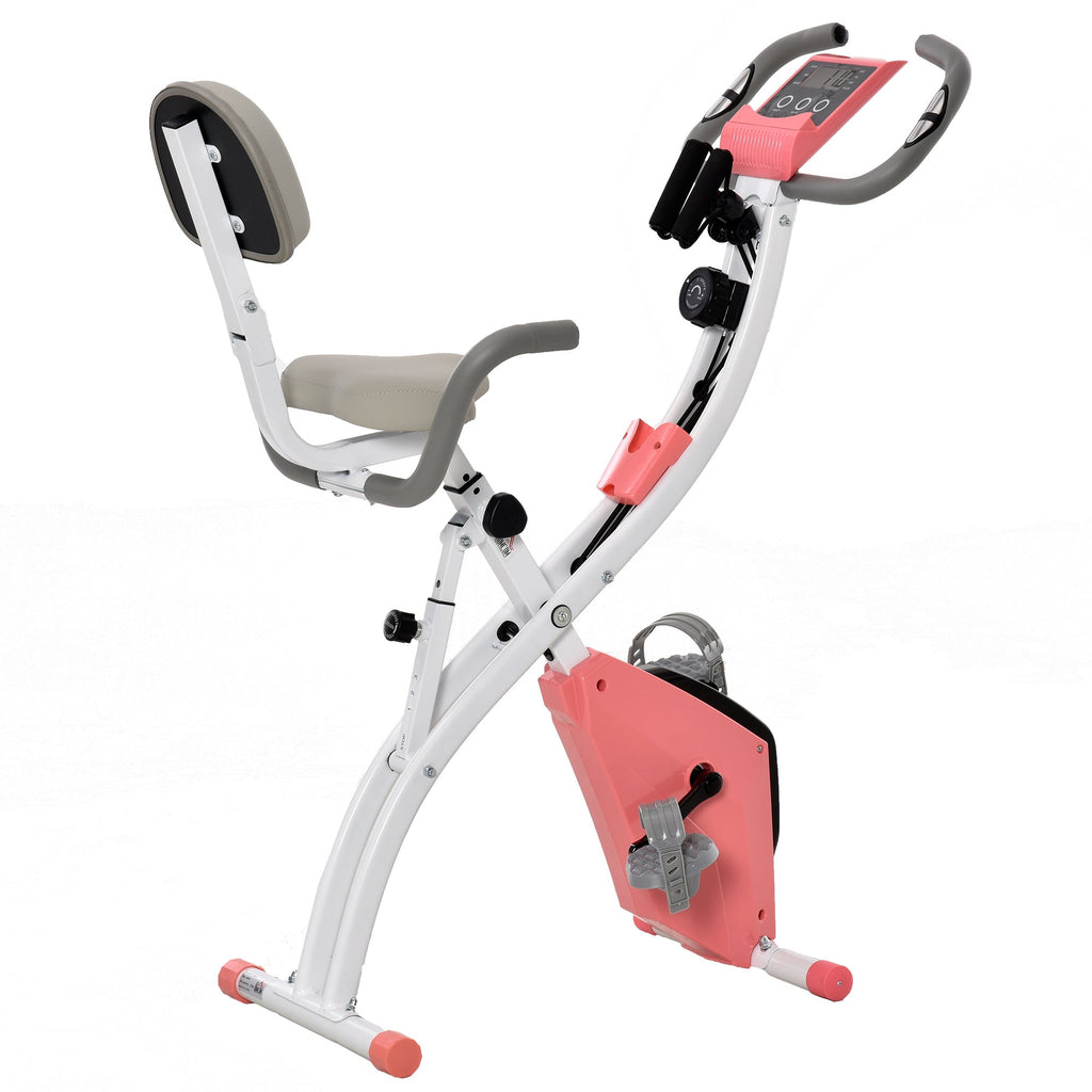 Folding Exercise Bike, 8 Level Adjustable Magnetic Resistance, Fitness Bike with Heart Rate Sensor, Arm Bands, LCD Screen, 2.5kg Flywheel, Pink - Borge' Group Limited