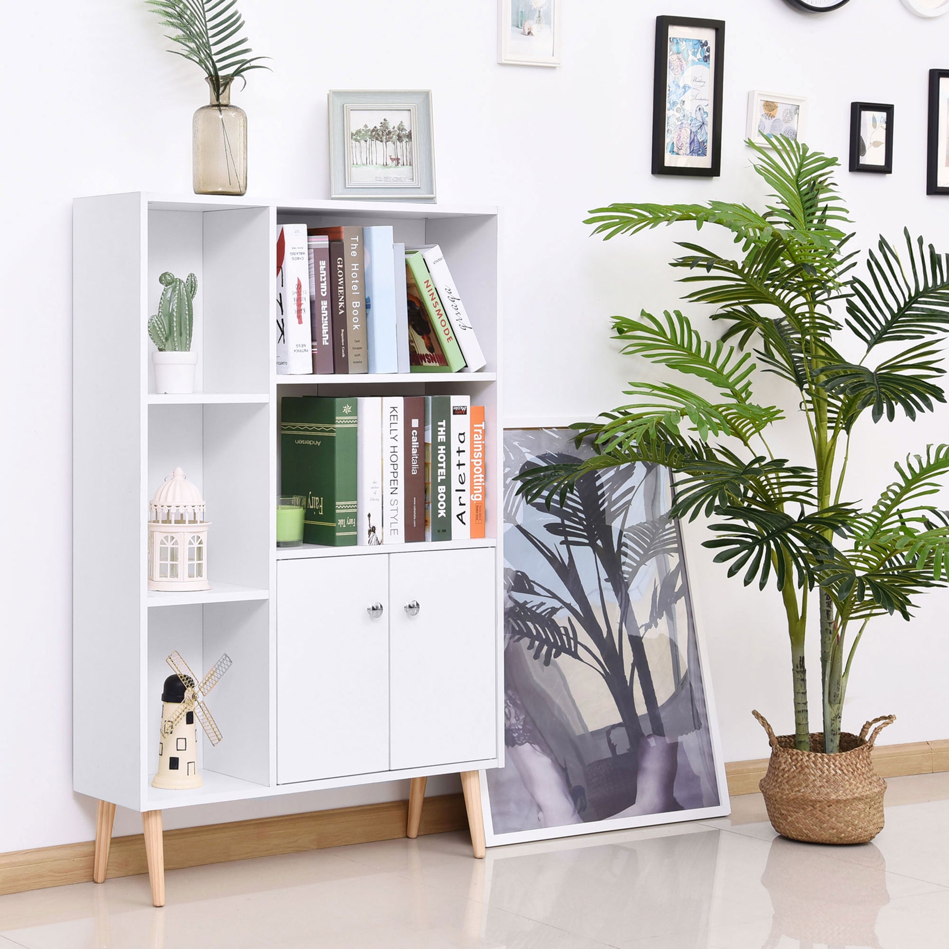 Homcom Cabinet Library with White Pine Wooden Feet 80x23.5x123cm - Borgè