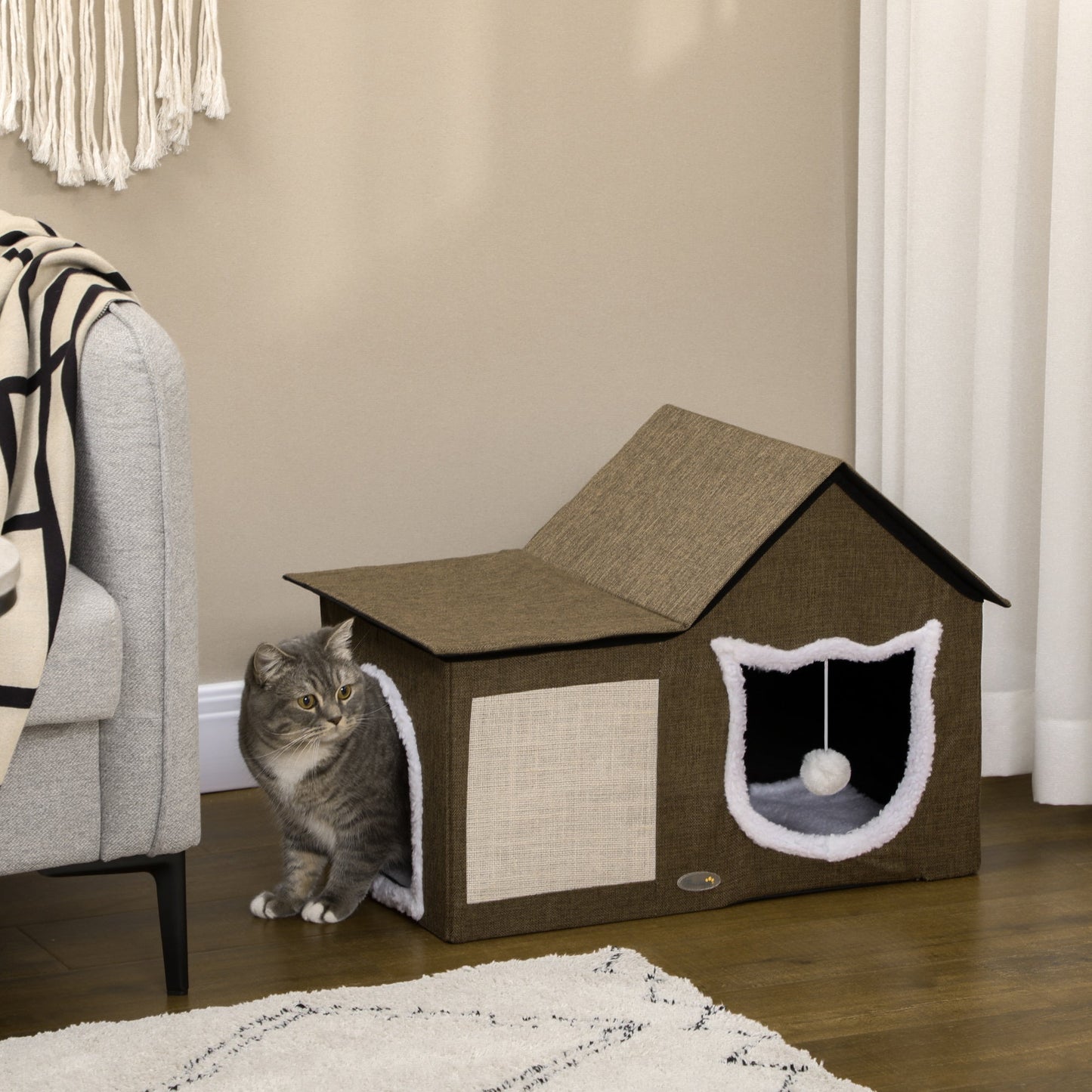 PAWHUT Cats for cats with 2 doors, playing ball, pillow and tigraffi mat, 65x41x45.5 cm