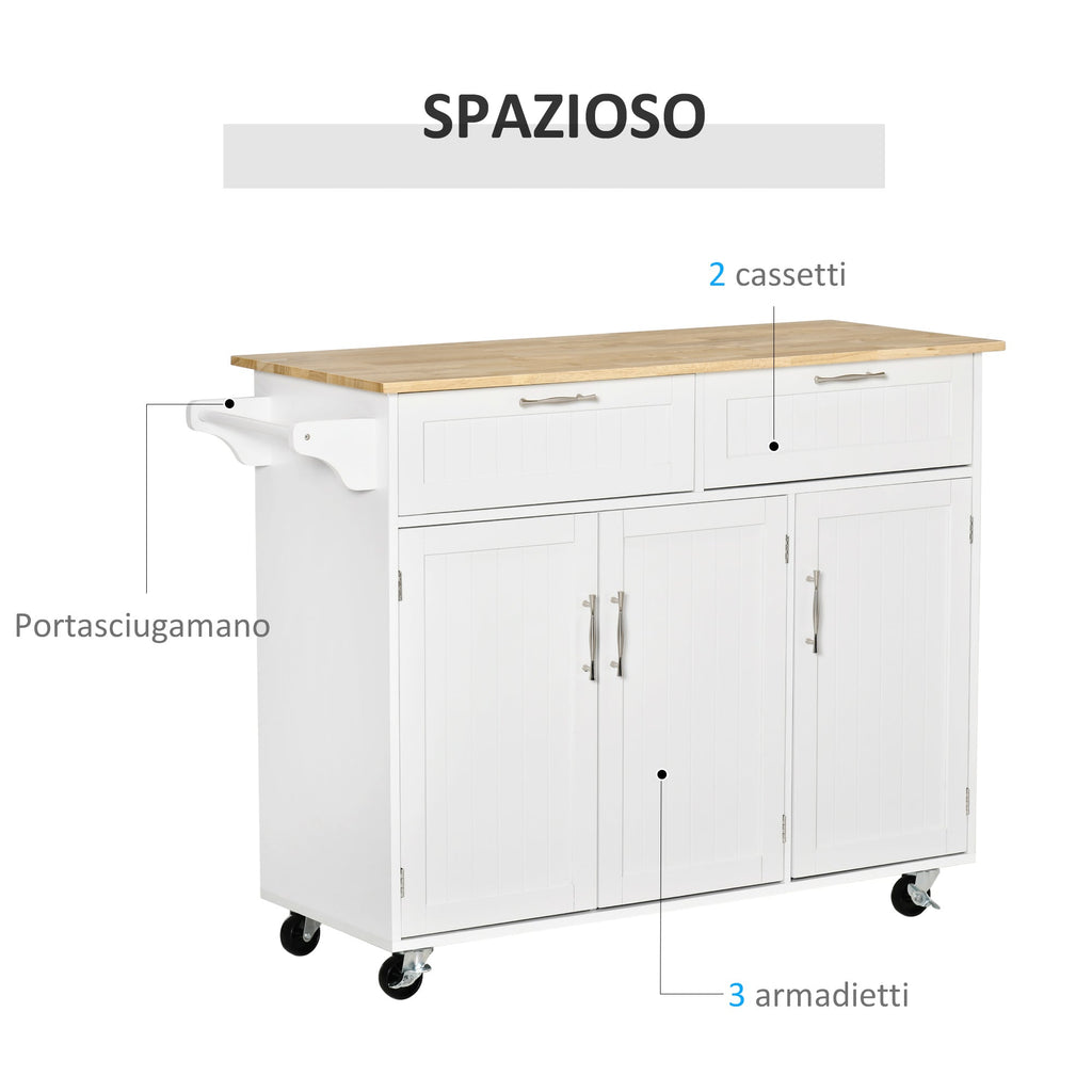 VERA | Multipurpose Wooden Kitchen Cart Trolley with 2 Drawers, 3 Doors and 4 Wheels 121x46x91cm - White - Borgè