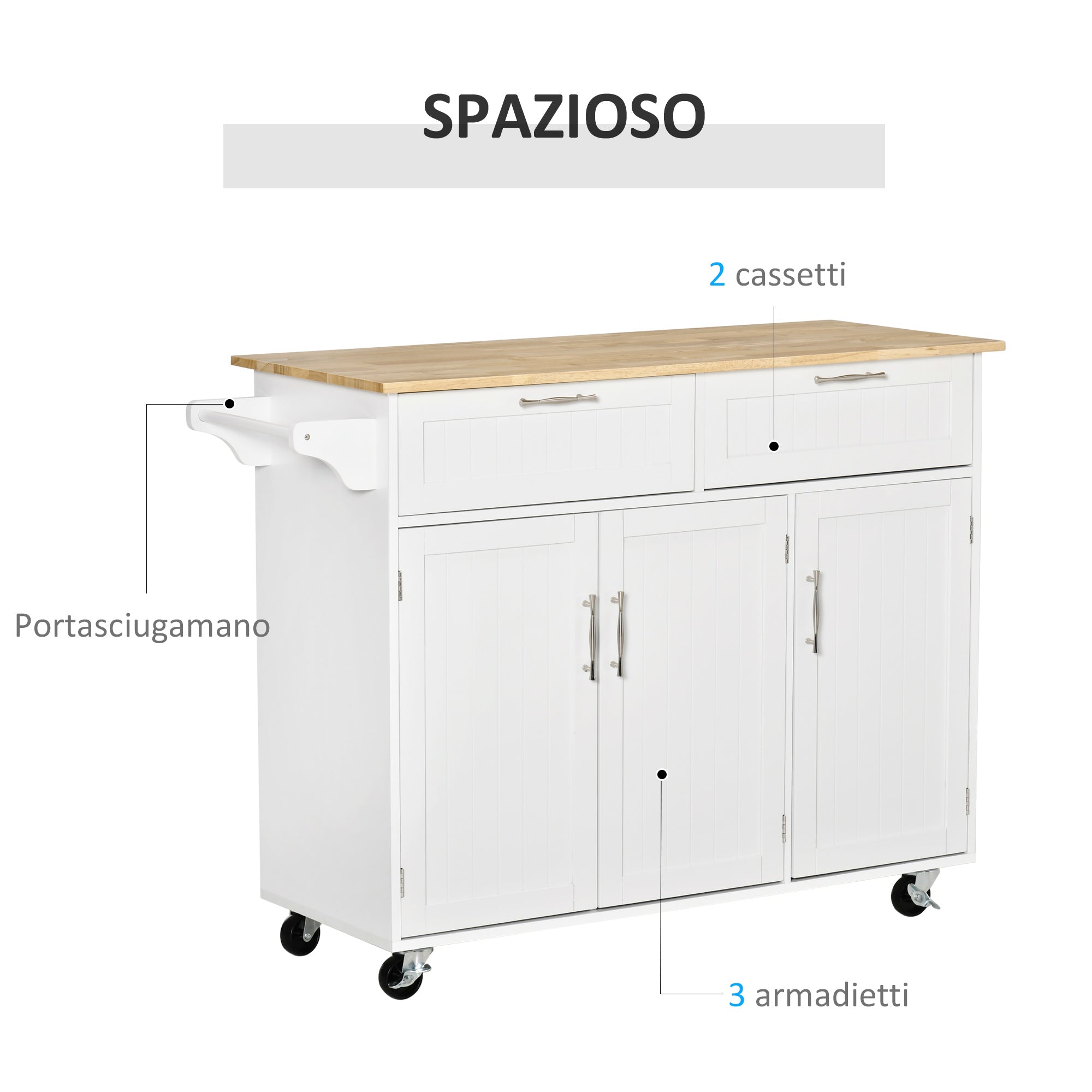 VERA | Multipurpose Wooden Kitchen Cart Trolley with 2 Drawers, 3 Doors and 4 Wheels 121x46x91cm - White - Borgè