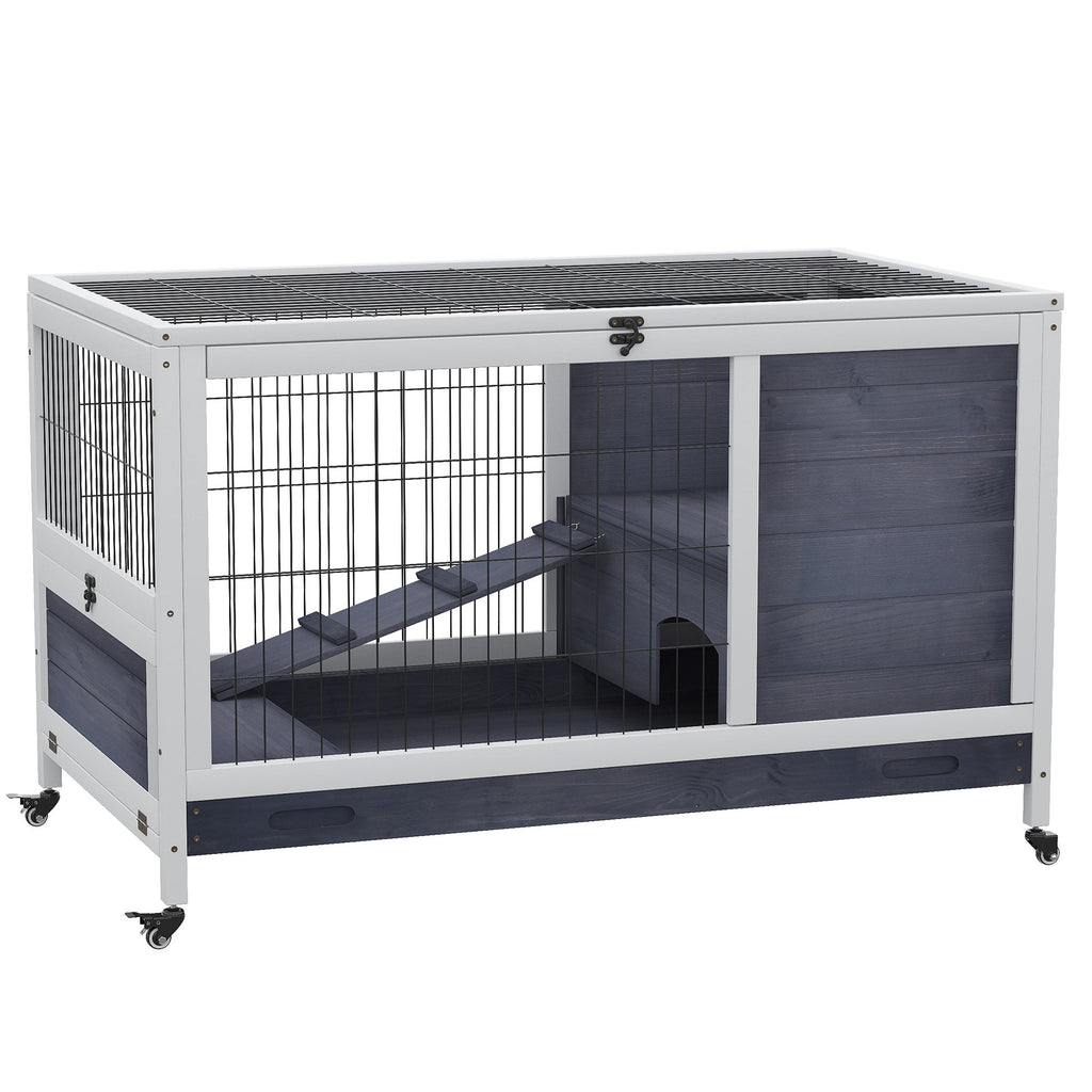 Rabbit and Guinea Pig Cage with 4 Wheels, House and Ramp, Natural Wood, Grey and White, 90x53x59cm - Borge' Group Limited