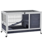 Rabbit and Guinea Pig Cage with 4 Wheels, House and Ramp, Natural Wood, Grey and White, 90x53x59cm - Borge' Group Limited