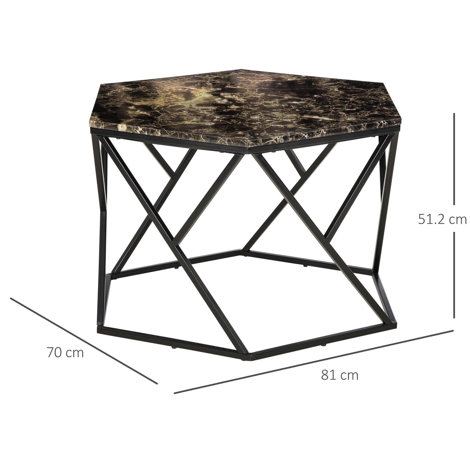 Modern Living Room Table with Marble Effect and MDF and steel structure, 81x70x51.2 cm, Black - Borgè