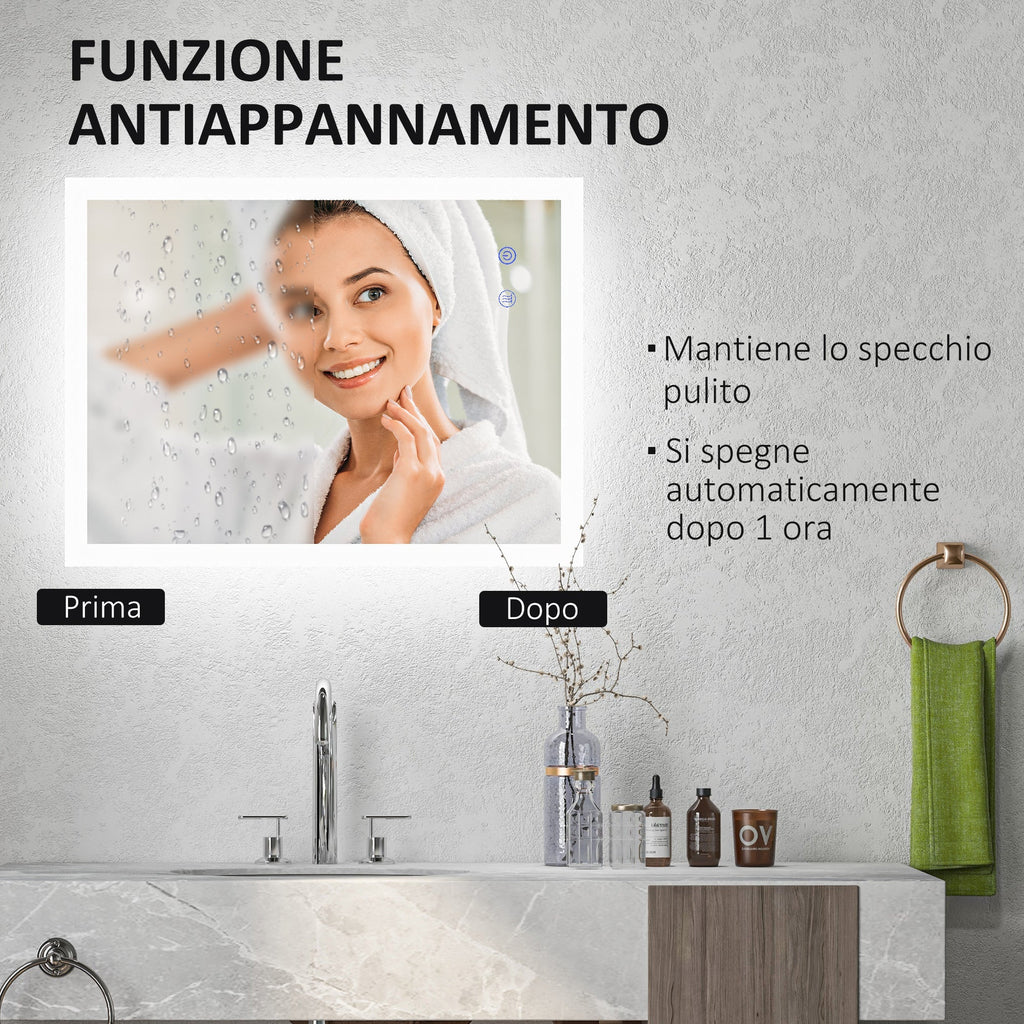 Kleankin Bathroom Mirror Led anti -expulsion with 3 colors and adjustable brightness, in metal and glass, 80x60x3 cm - Borgè