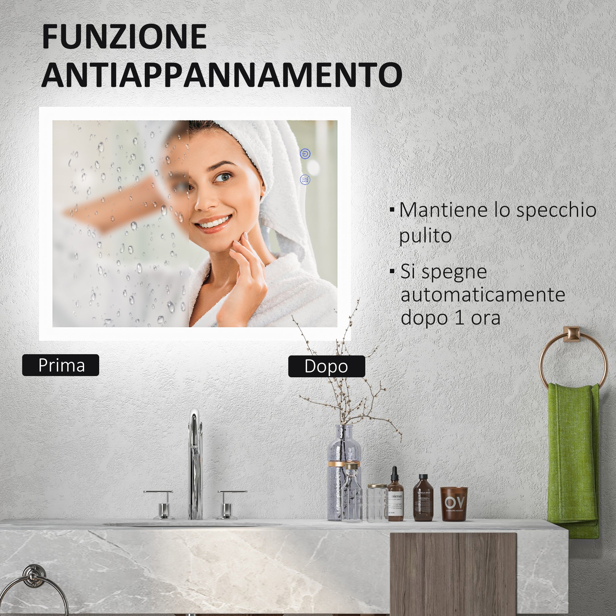 Kleankin Bathroom Mirror Led anti -expulsion with 3 colors and adjustable brightness, in metal and glass, 80x60x3 cm - Borgè