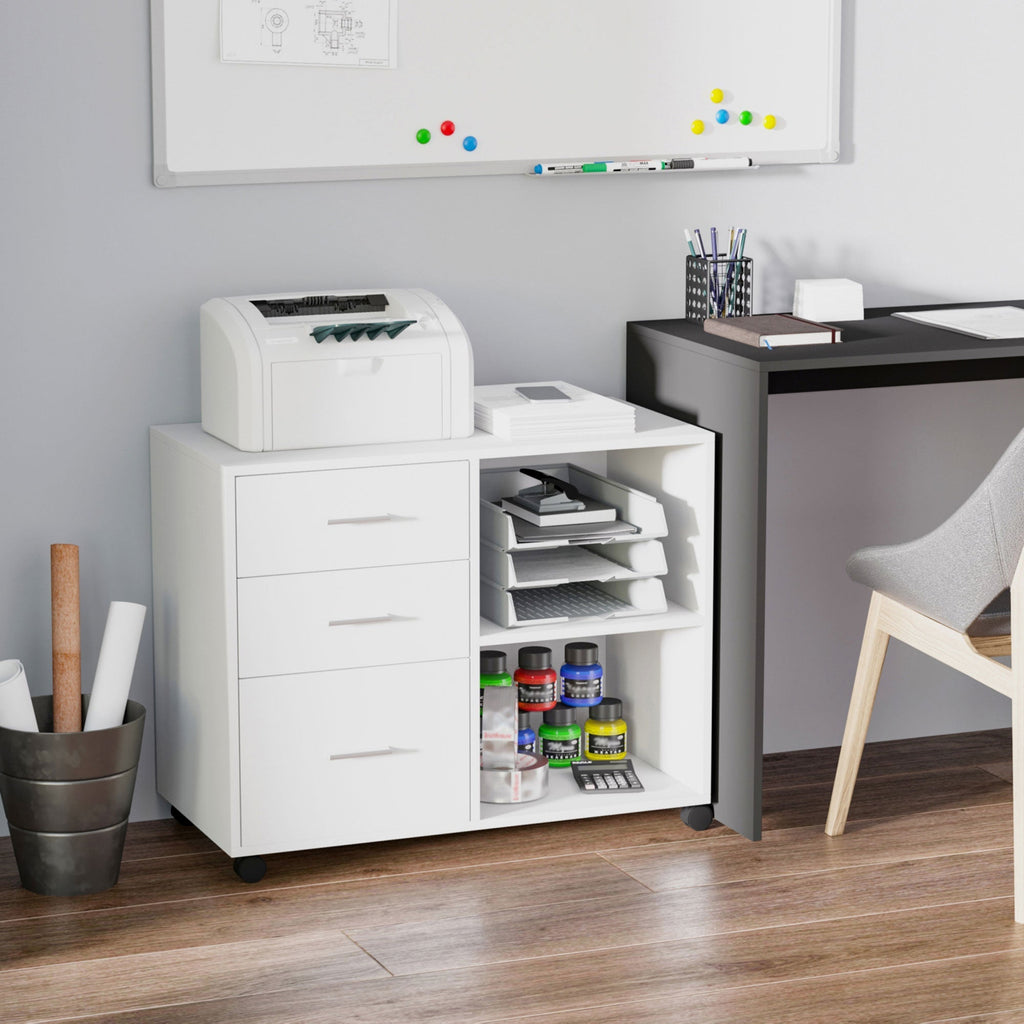 Multiuse office mobile with wooden drawers shelves - White - Borgè