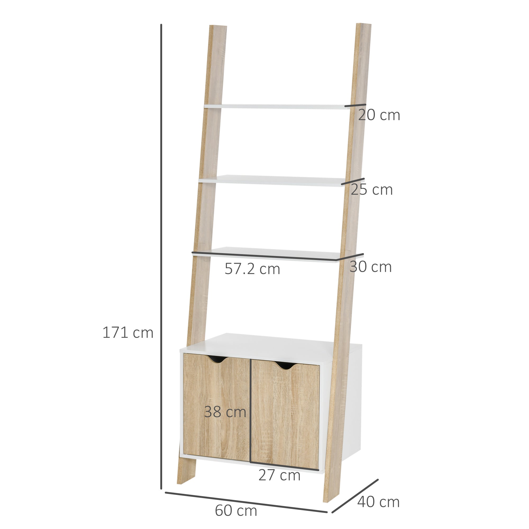 Mobile Library in Scala with 3 shelves and locker, modern Nordic wooden style shelf, 60x40x171cm, oak and white - Borgè
