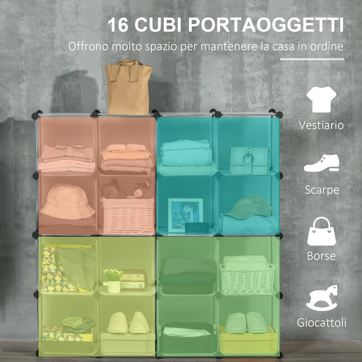 Mobile Mobile Modular Salvaspazio for Interior, 16 cubes 30x30x30cm Plastic PP and steel, 125x32x125cm, transparent