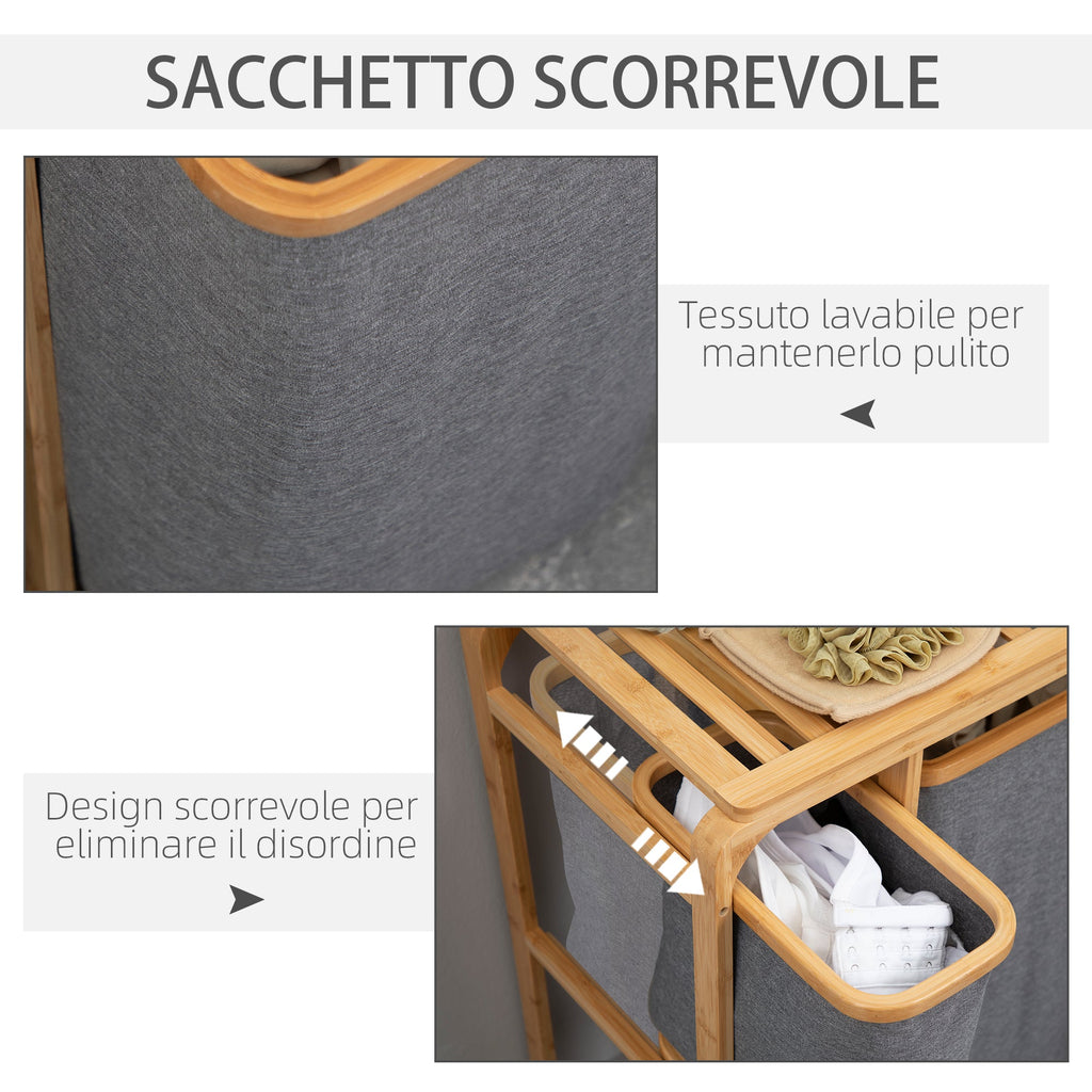 Clothes Laundry Basket with 3 removable compartments in Fabric and Bamboo, 50x32x69.7cm - Borgè