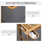 Clothes Laundry Basket with 3 removable compartments in Fabric and Bamboo, 50x32x69.7cm - Borgè