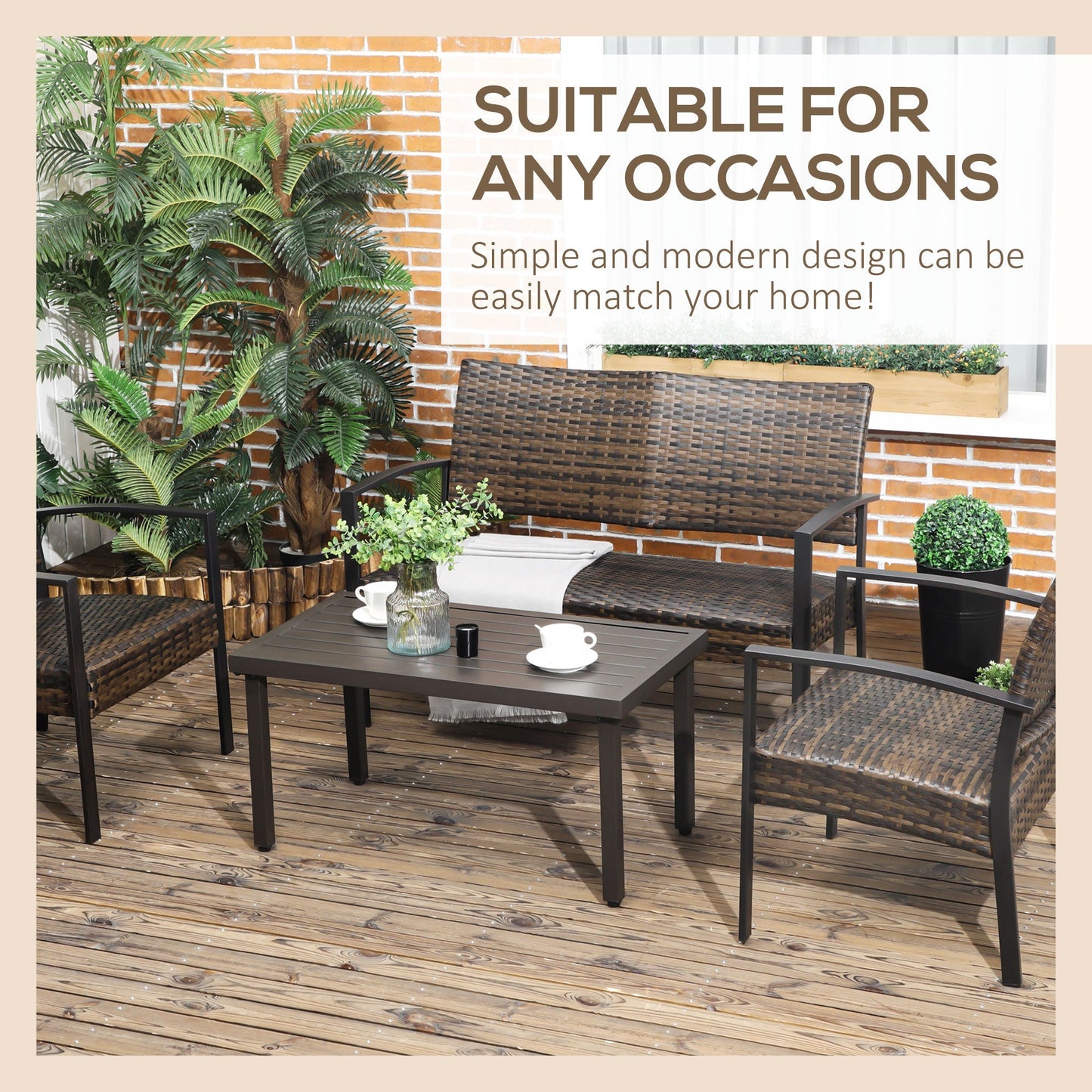 Outdoor steel coffee table with adjustable feet and slatted top, 91x51x46 cm, brown - Borgè