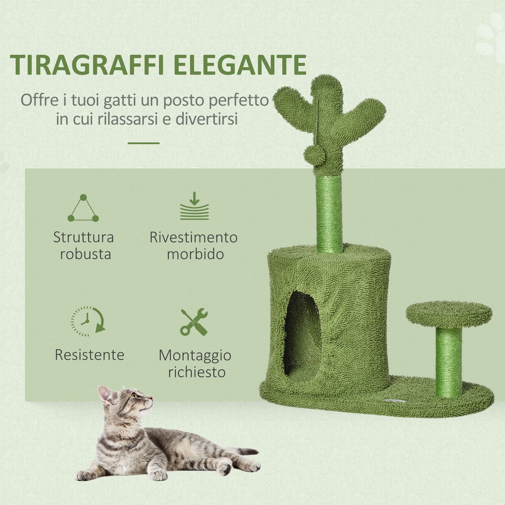 Cat Tree for cats with Scratch Pole up to 4.5kg in the shape of cactus with balls and Bed, 60x35x78cm - green - Borge' Group Limited