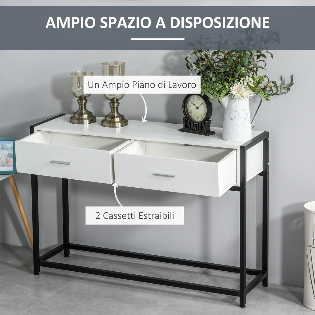 table console for entrance with 2 drawers in white wood and black metal - Borgè