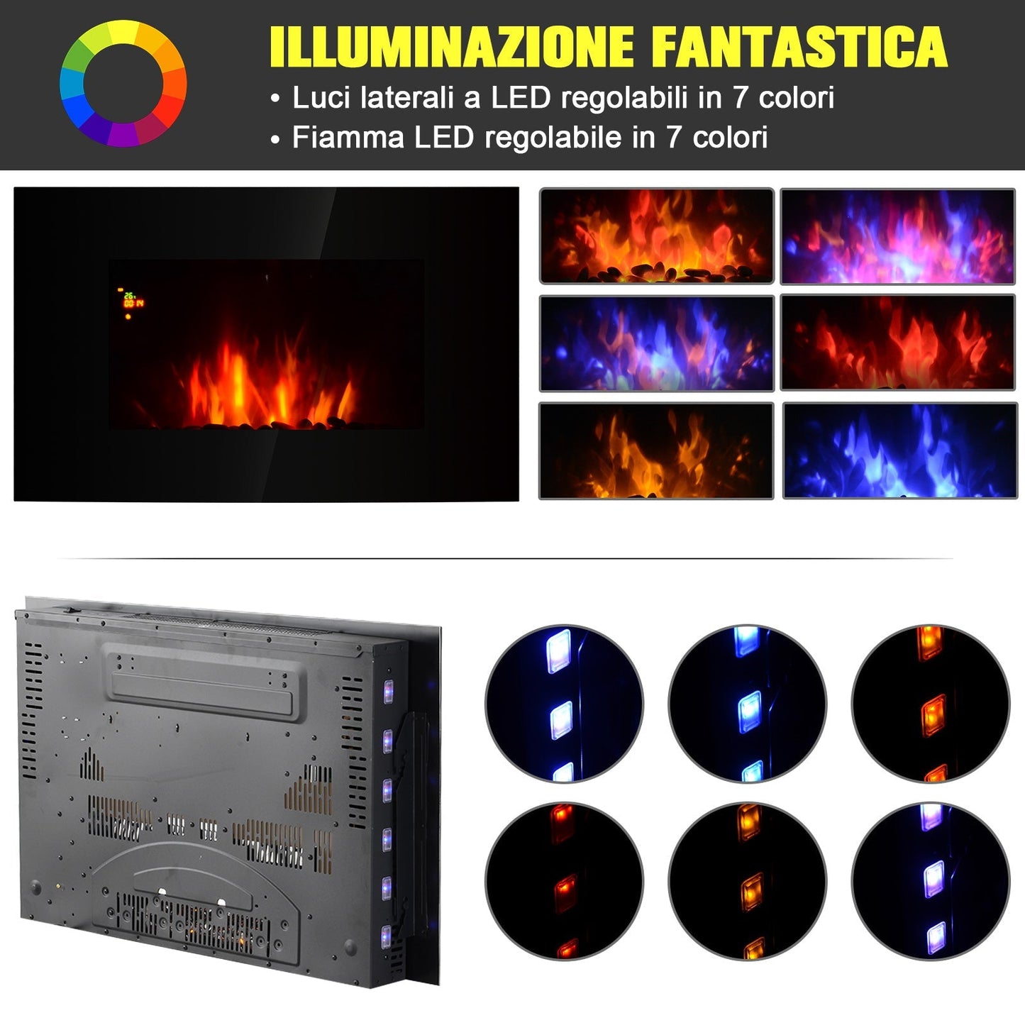 Homcom Wall or Earth 2000W Electric Fireplace With Led Flame 7 Colors, Black, 90x56x9.5cm - Borgè