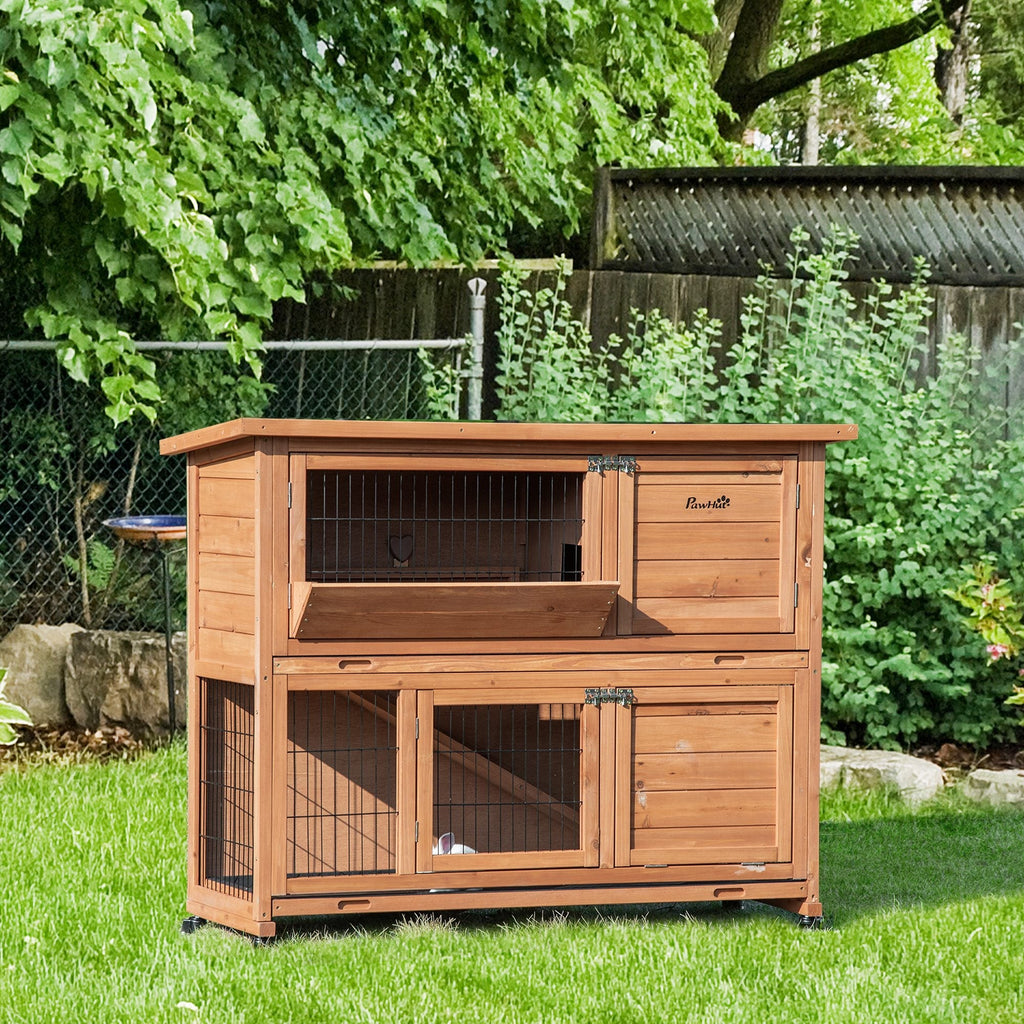 2-Tier Wooden Rabbit Hutch with Wheels, Pull-Out Tray and Ramp, 122x50x101cm - Borge' Group Limited