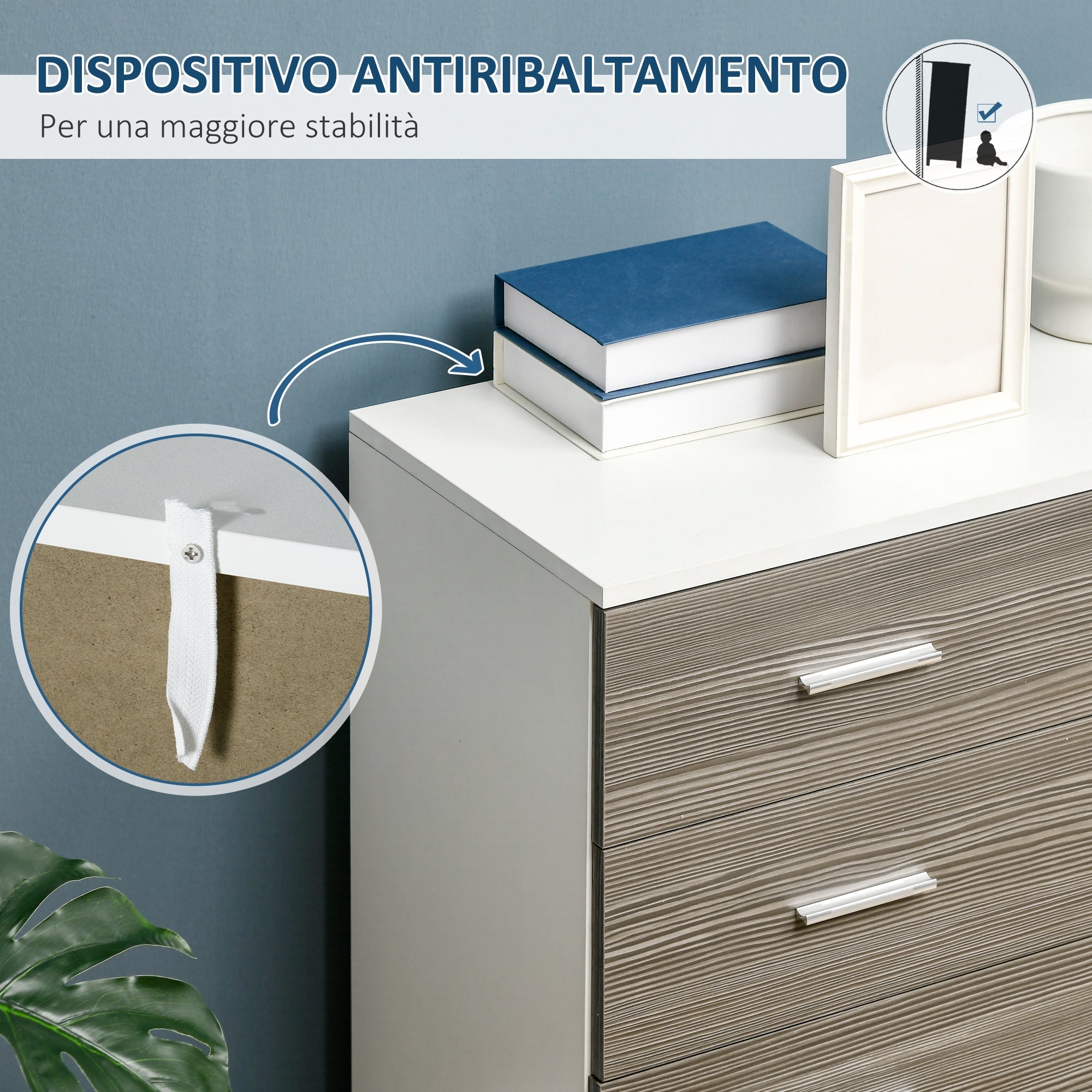 drawers with 4 drawers with aluminum handles and wooden structure, 76x35x72cm, Grey white - Borgè