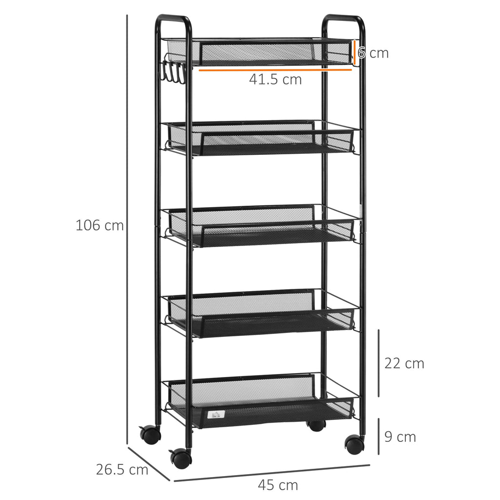 Black 5 level Kitchen Trolley with mesh baskets | 45x26.5x106cm - Borgè