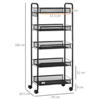 Black 5 level Kitchen Trolley with mesh baskets | 45x26.5x106cm - Borgè