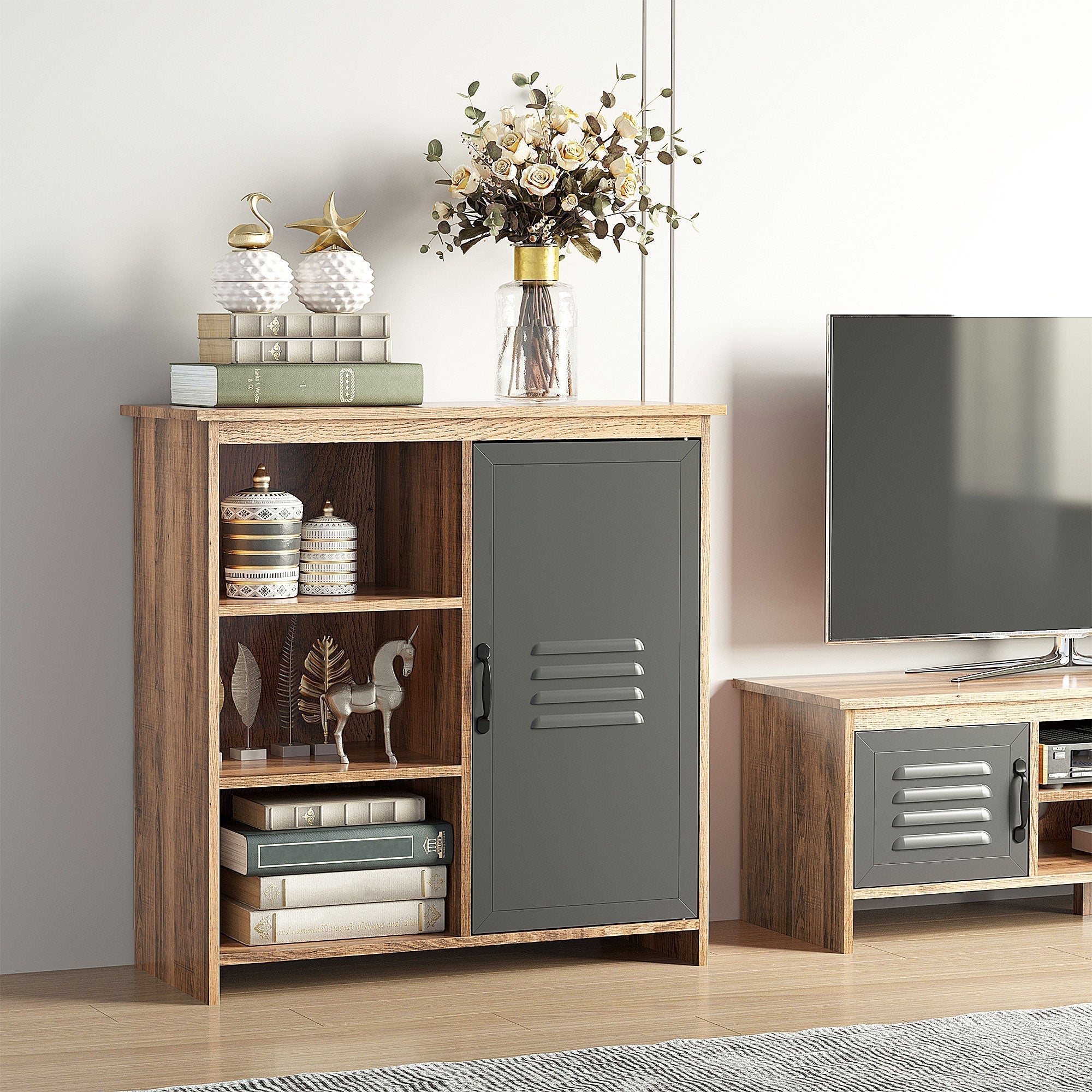 Multiuse cabinet with shelves and wooden locker with metal door, living room and kitchen cabinet, 80x35x82cm, Grey brown - Borgè