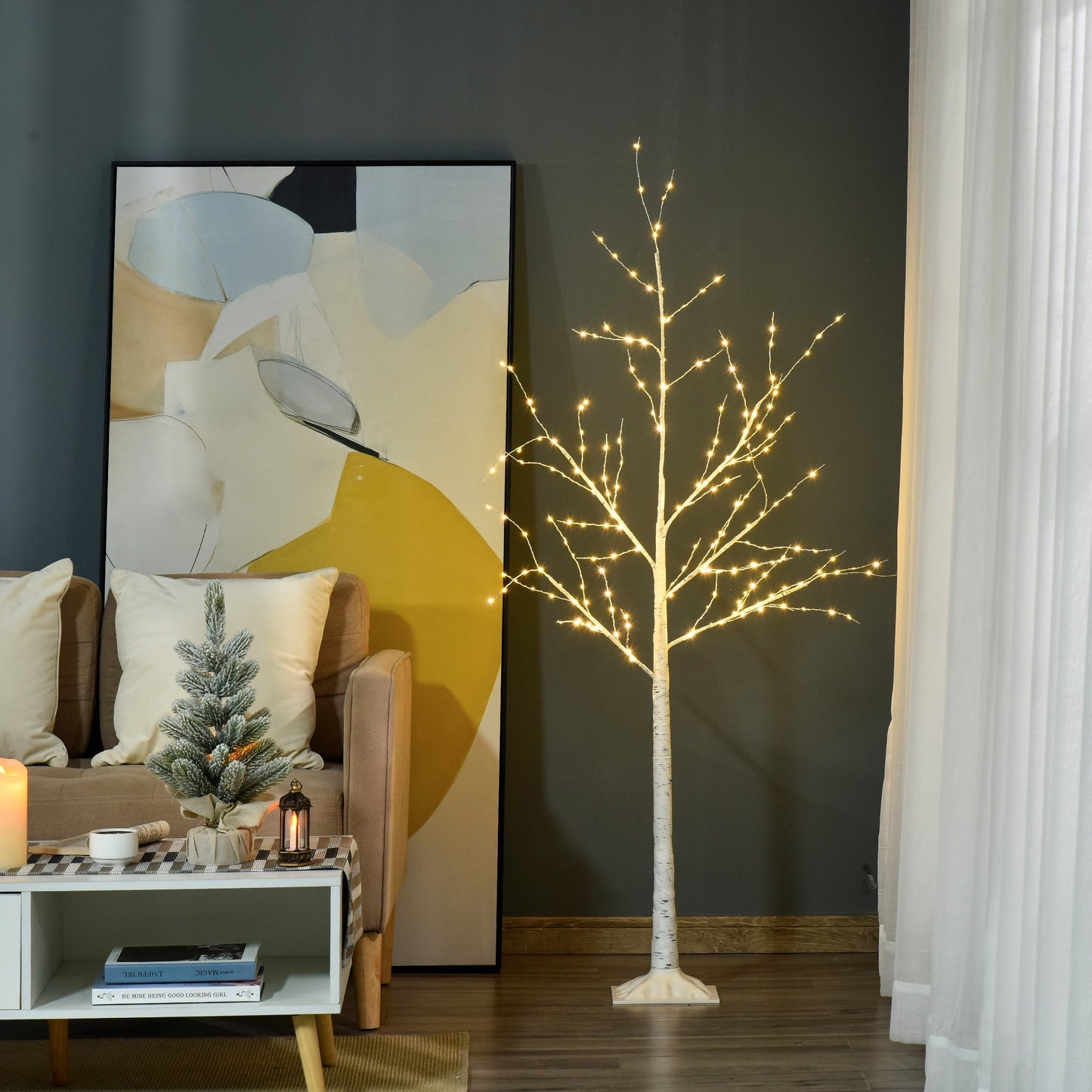 White Christmas tree with LED lights, square base and power cable, steel | 20x20x150 - Borgè